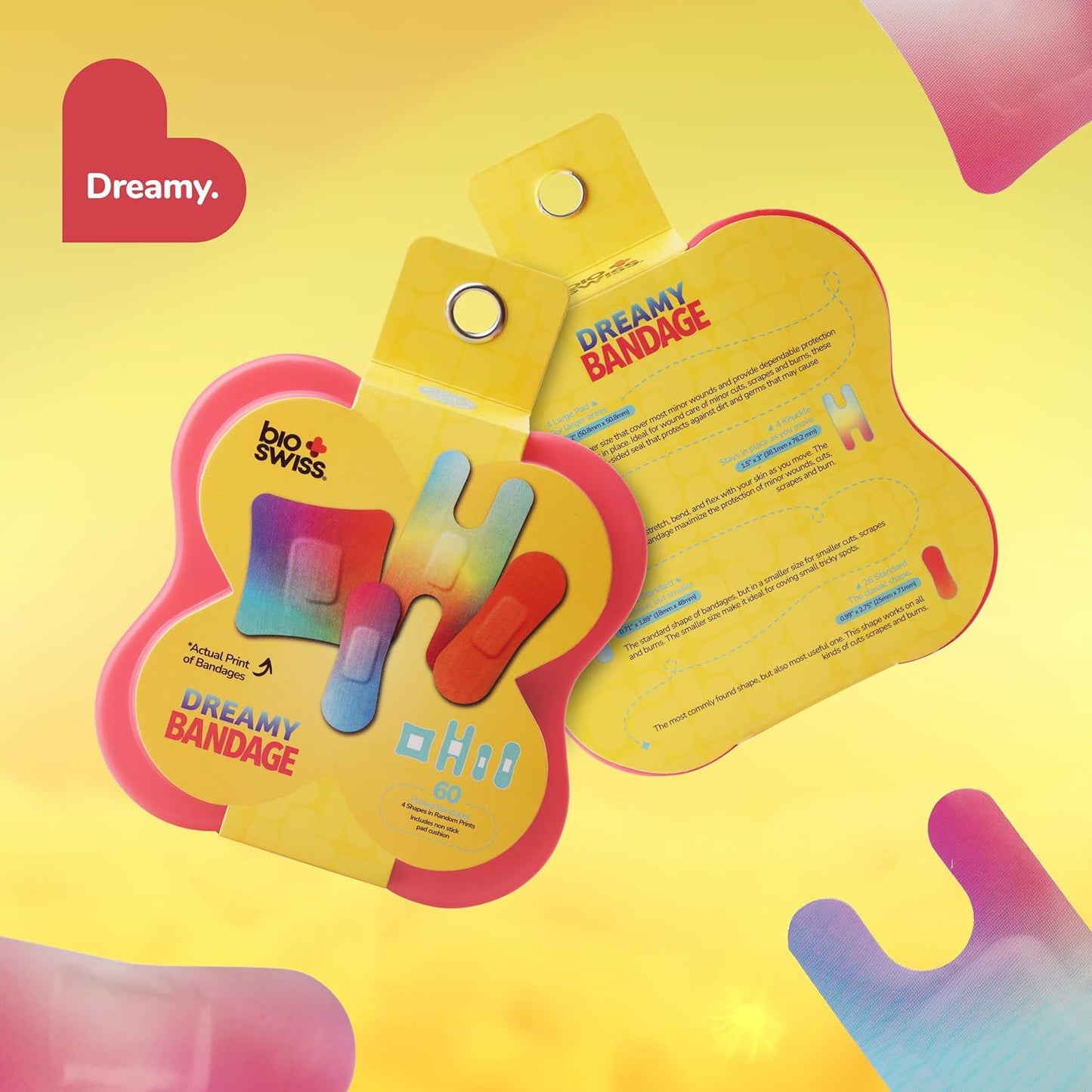 BioSwiss Bandages, Assorted Size Gradient Print Self Adhesive Bandage, Latex Free Sterile Wound Care, First Aid Kit Supplies for Kids and Adults, 60 Count