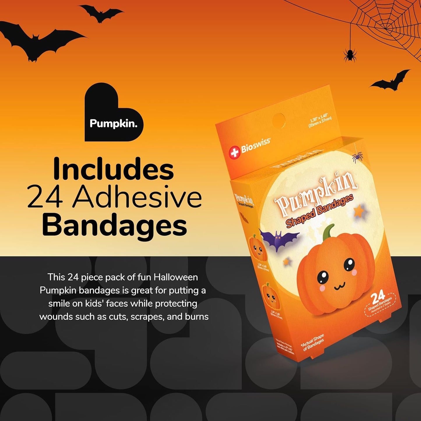 BioSwiss Bandages, Halloween Pumpkin Shaped Self Adhesive Bandage, Latex Free Sterile Wound Care, Fun First Aid Kit Supplies for Kids, 24 Count