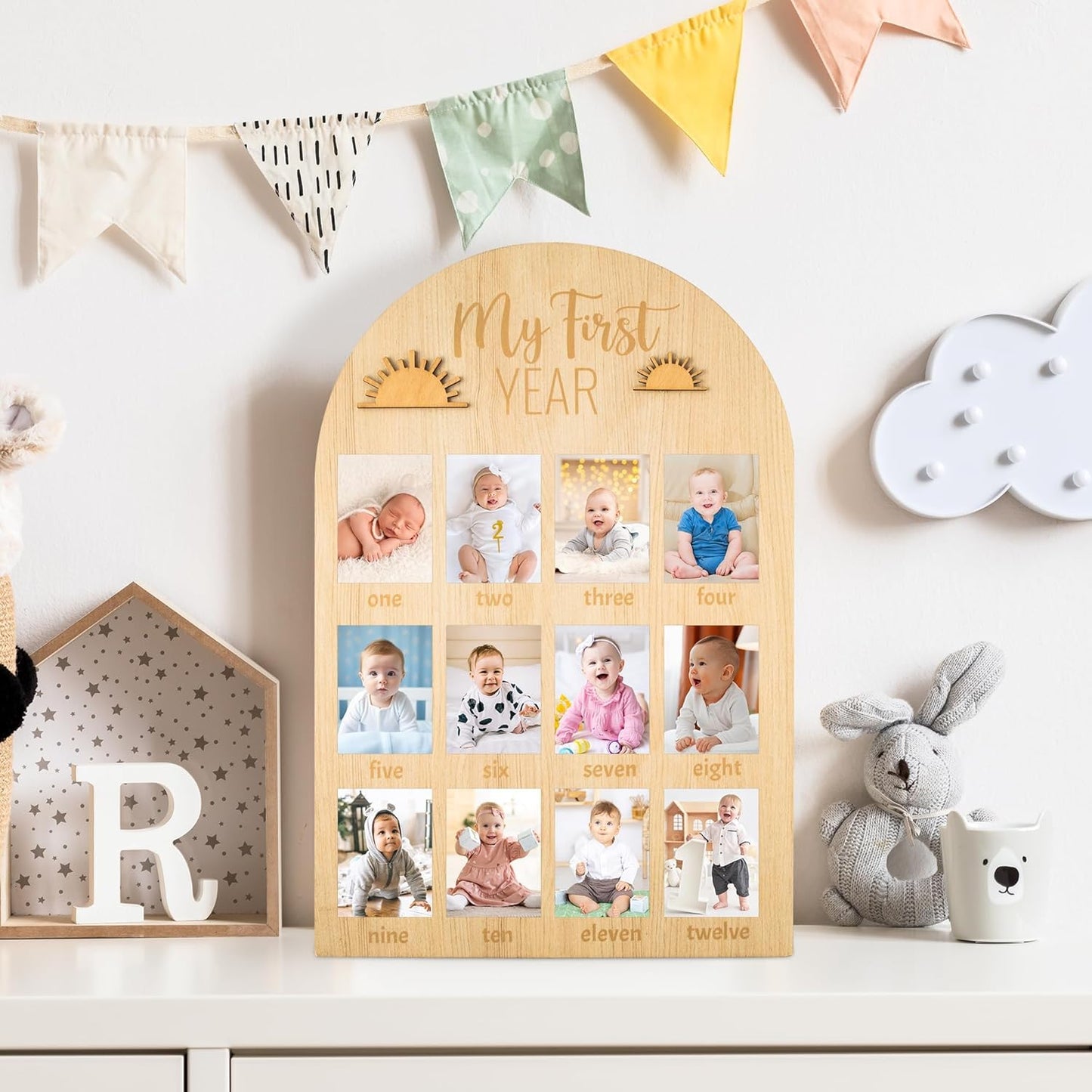 R HORSE My First Year Photo Display Wood Board, 3D Boho Sun Baby's First Year Picture Frame 12 Months Milestone Board Neutral Baby Keepsake Birthday Nursery Decor Gift for Boy Girl