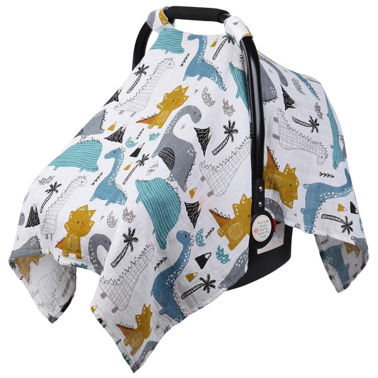 Rquite Dinosaurs Carseat Cover - Muslin Cotton Infant Car Seat Canopy, Breathable Baby Carrier Cover, Summer Stroller Sun Shade