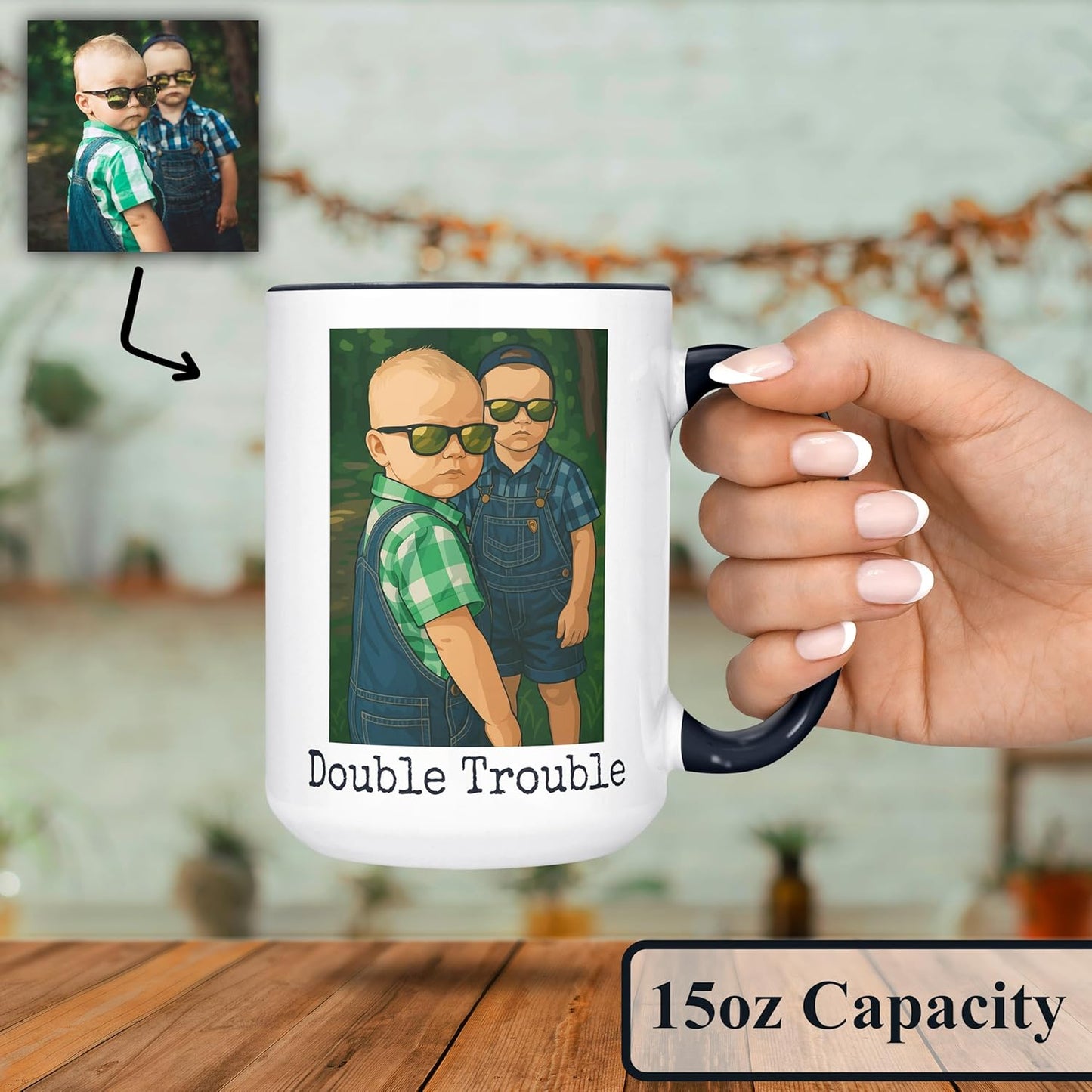 Personalized Coffee Mug, Custom Drawing Portrait Gift, Funny Customized Coffee Gift for Men & Women, Custom Mugs with Pictures, Black 15oz Father's Day Mug