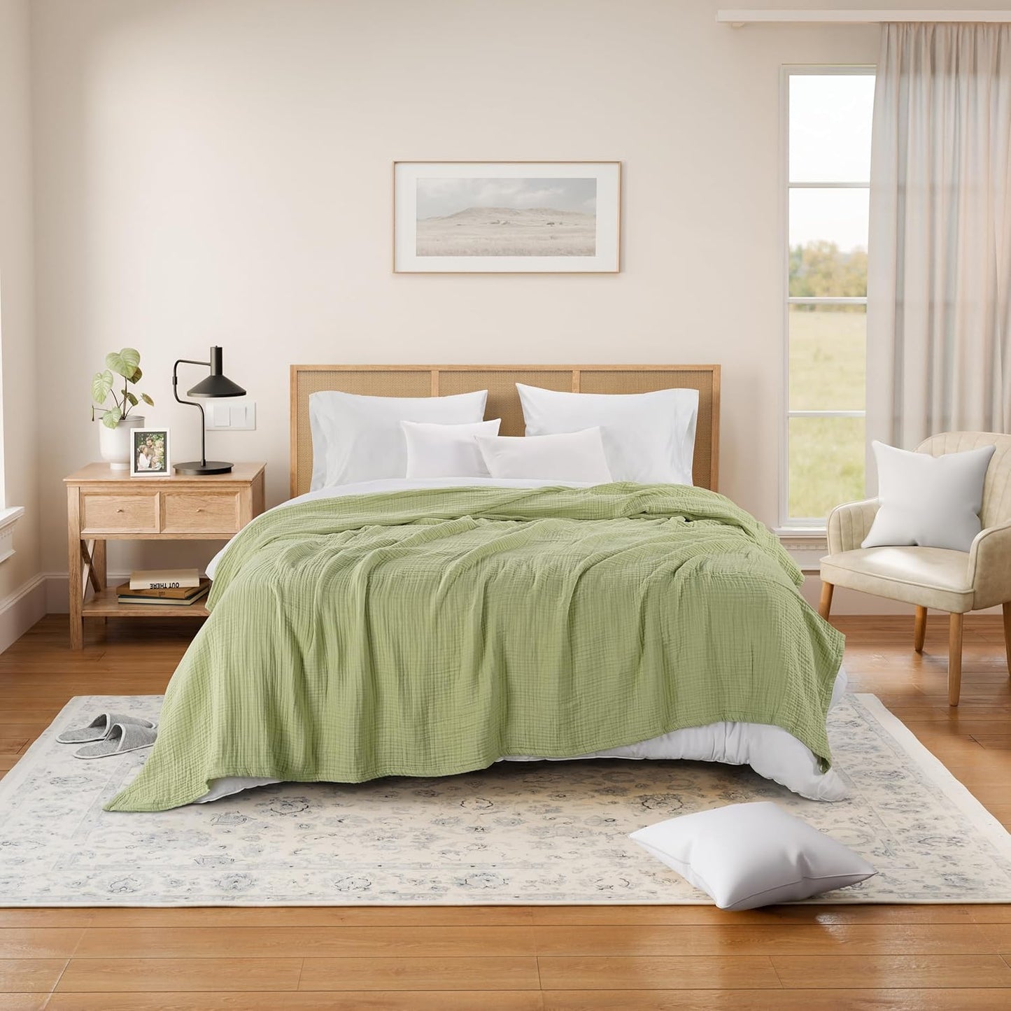 Threadmill Muslin Queen Blankets | Soft, Cozy and Breathable Muslin Throw for Bed | 4-Layer Gauze Blanket for All Seasons | Lightweight Blanket Fits Full Size Bed | Sage Green