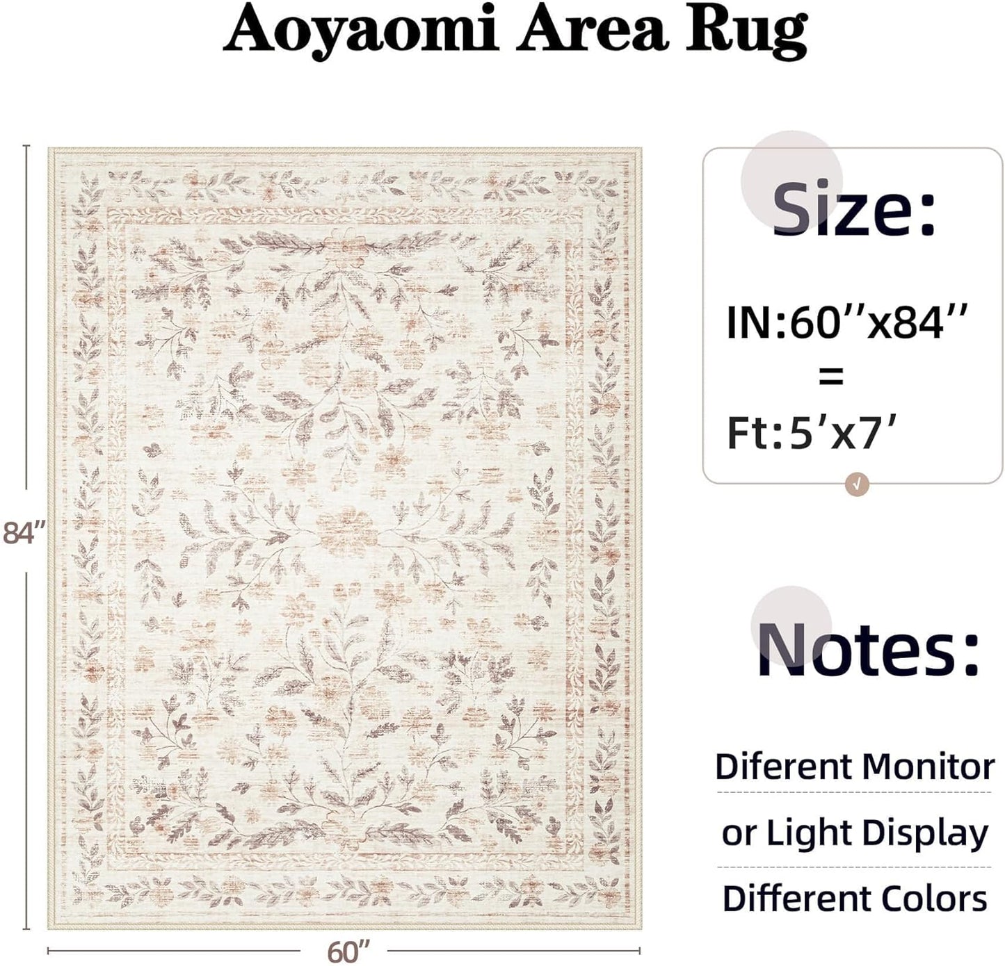 Rugs for Living Room 5x7 Rug, Washable Floral Boho Area Rug Non Slip Soft Low Pile Large Rugs for Bedroom Girls, Dining Room, Office, Kids Playroom(5'x7', Floral Beige)