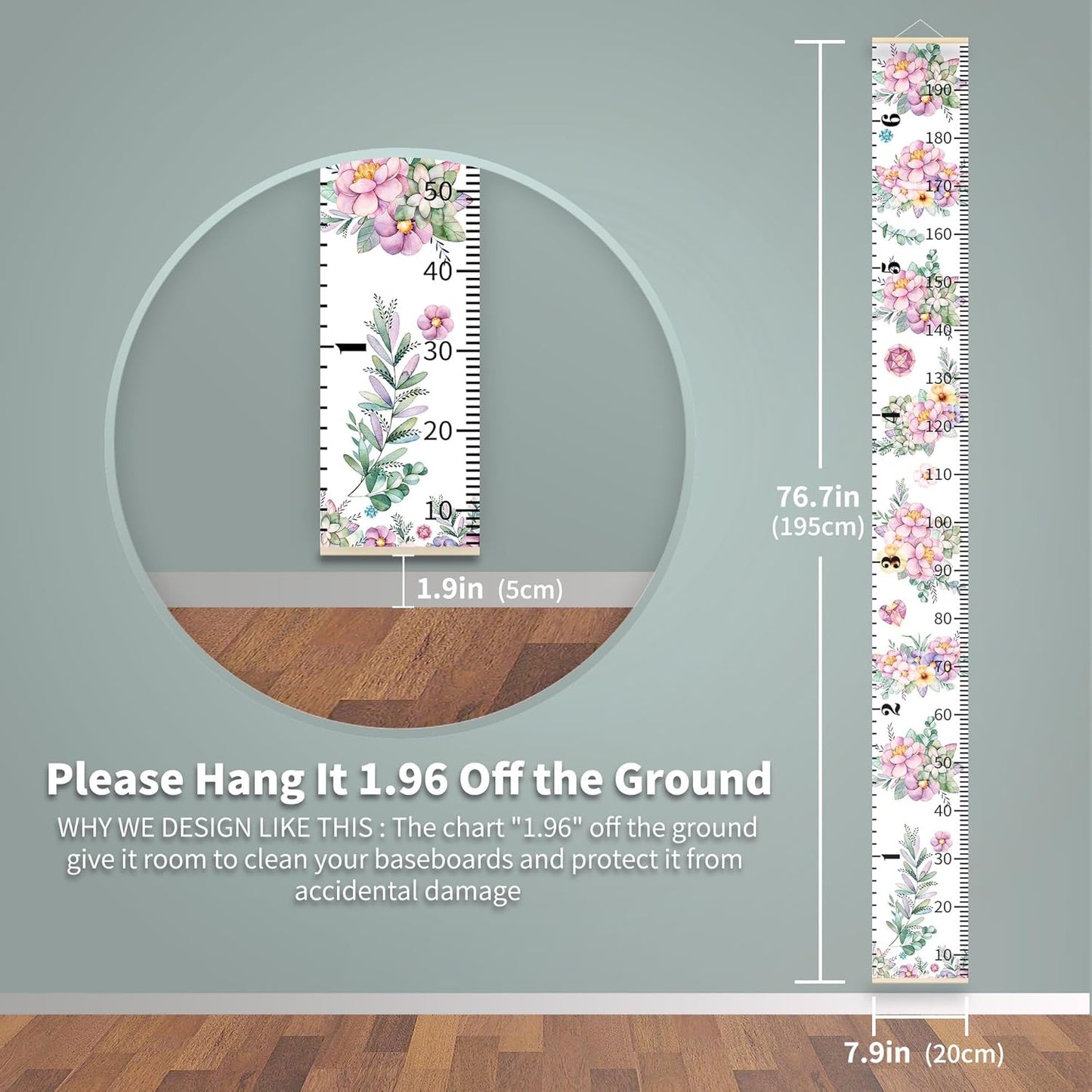 Height Chart for Kids Growth Measuring Girls Room Playroom Essentials Toddler Bedroom Nursery Baby Home Purple Flowers Canvas Wall Decor