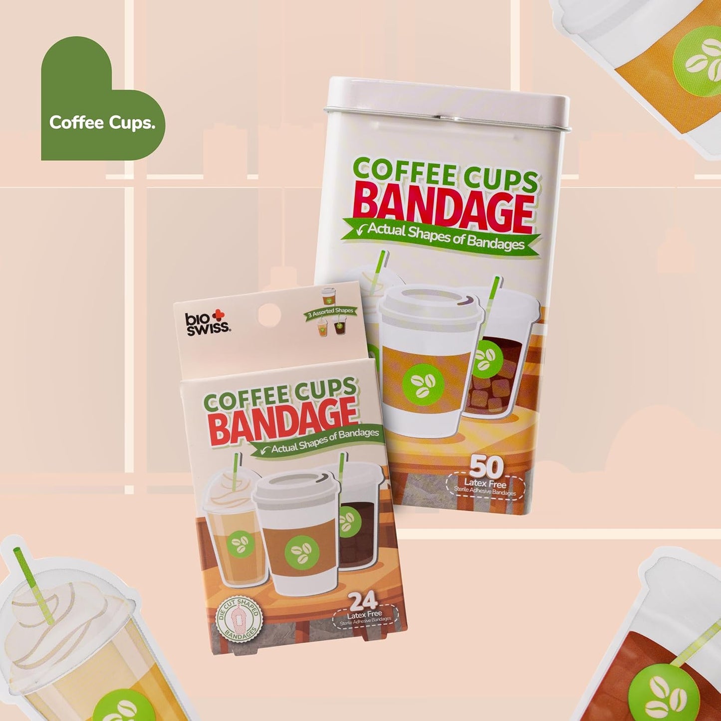 BioSwiss Bandages, Coffee Cup Shaped Self Adhesive Bandage, Latex Free Sterile Wound Care, Fun First Aid Kit Supplies for Kids, 24 Count