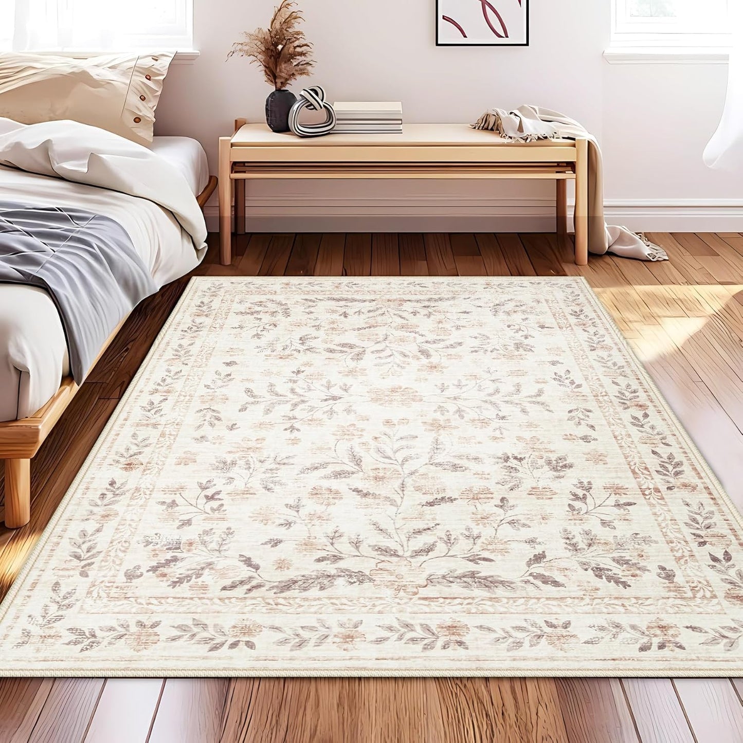 Bedroom Rugs 3x5 Area Rug, Washable Floral Boho Area Rug Non Slip Soft Low Pile Small Carpet for Bedroom Girls, Bedside, Kitchen, Entryway, Kids Room, Office, College Dorm(3'x5', Floral Beige)