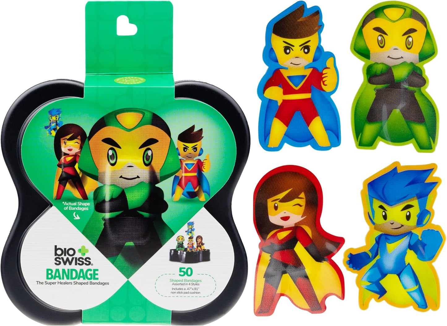 BioSwiss Bandages, Super Healers Superhero Shaped Self Adhesive Bandage, Latex Free Sterile Wound Care, Fun First Aid Kit Supplies for Kids and Adults, 50 Count