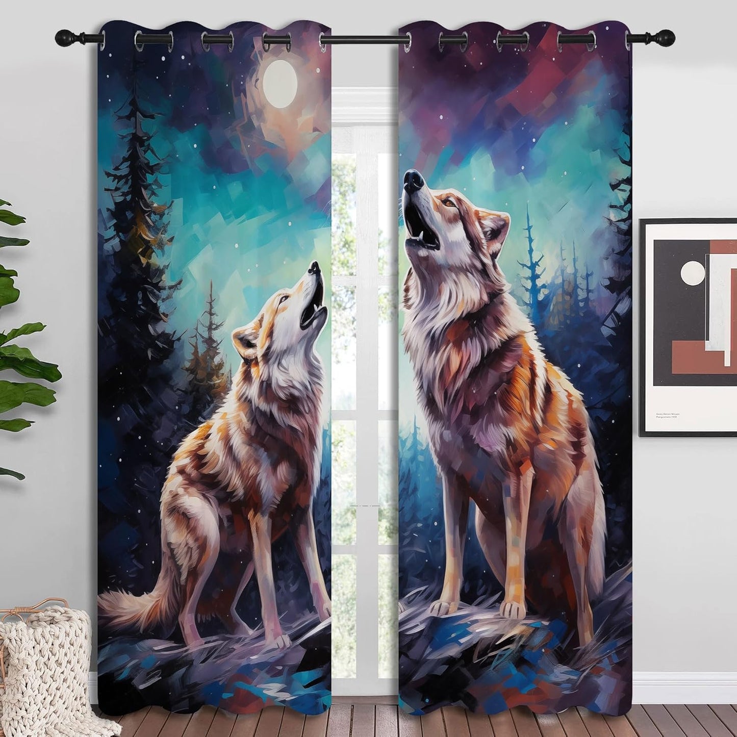 Wildlife Blackout Curtains for Boys Girl Bedroom Decor,Fantasy Starry Full Moon Wolf Howling Thermal Insulated Grommet Drapes Darkening Window Curtain for Living Room Home 84x84 inch