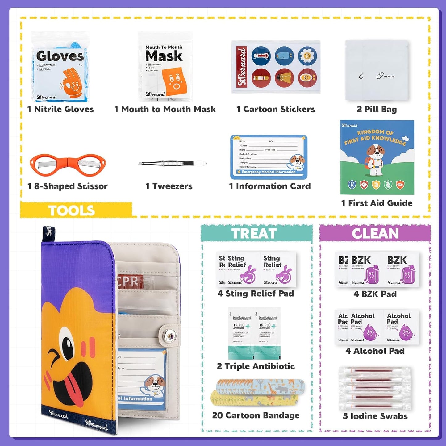 StBernard First Aid Kit for Kids, Small Pocket Size Medical Kit with Cute Bnadages, Tools for Daily Emergencies, Organized Pouch for Toddler & Children, Home, Camping, Travel, Playground(Purple)
