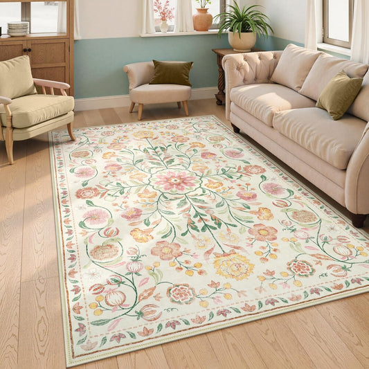 Anidaroel Boho Rugs for Bedroom, Washable Area Rugs 5X7 Soft Rug for Living Room, Non Slip Distressed Beige Floral Rug, Stain Resistant Indoor Carpet for Bedside Apartment Foyer