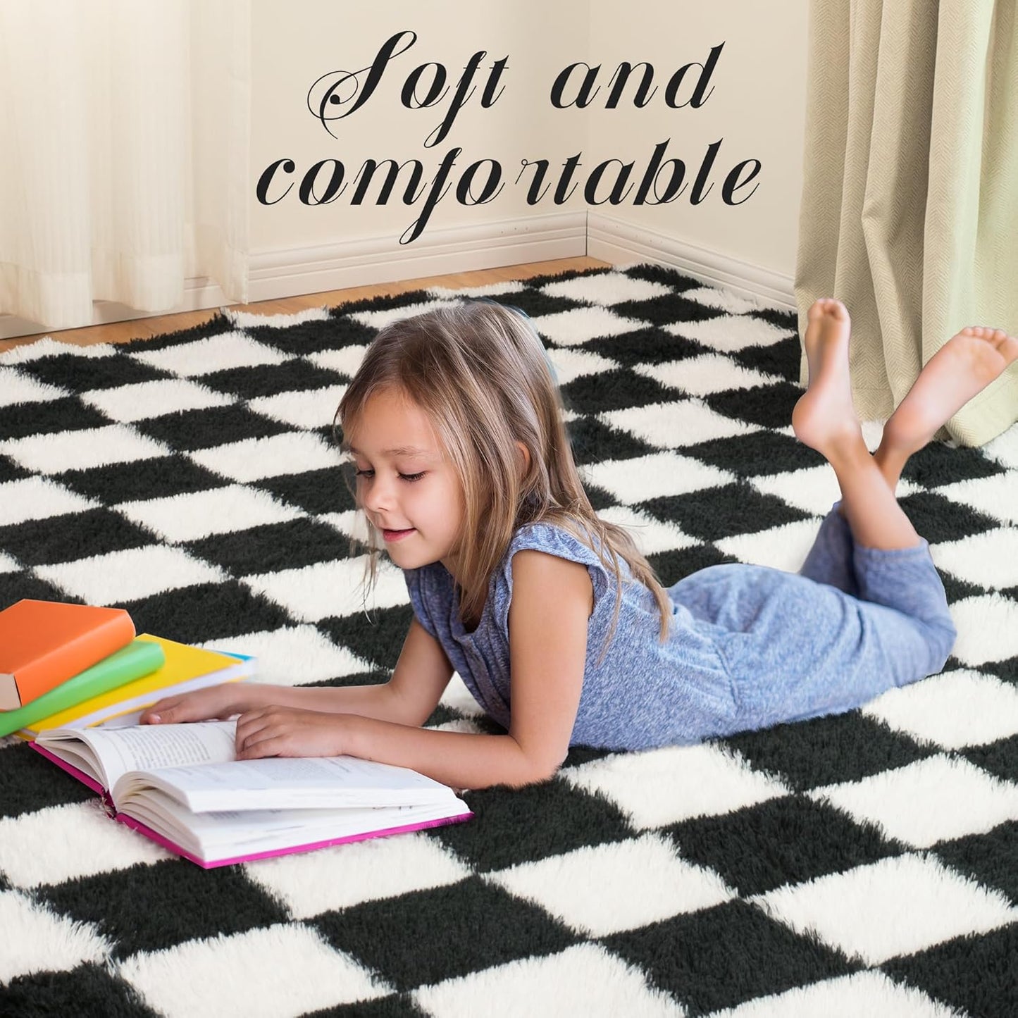 Super Soft Rug for Bedroom, 4x6 Ft Black and White Area Rug Classic Checkered Shaggy Anti-Skid High Pile Soft Fluffy Rug Fuzzy Carpet for Living Room Bedroom Kids Room Nursery, Dorm Home Decor