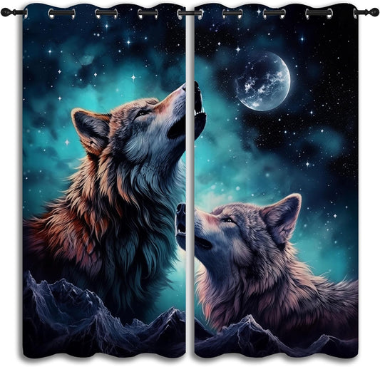 Wolf Blackout Curtains for Boys Girl Bedroom Decor,Starry Sky Howling Wolf Under The Full Moon Thermal Insulated Grommet Drapes Darkening Window Curtain for Living Room Home 72x63 inch