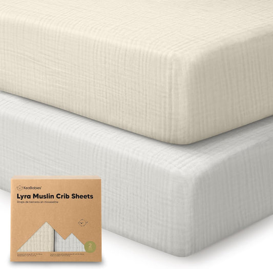 KeaBabies 2-Pack Muslin Crib Sheets for Boys, Girls - 100% Organic Cotton Fitted Baby Crib Mattress Sheet, Soft Breathable Standard Toddler Bed Cover Bedding Set, Neutral, Durable 52x28 (Greige)