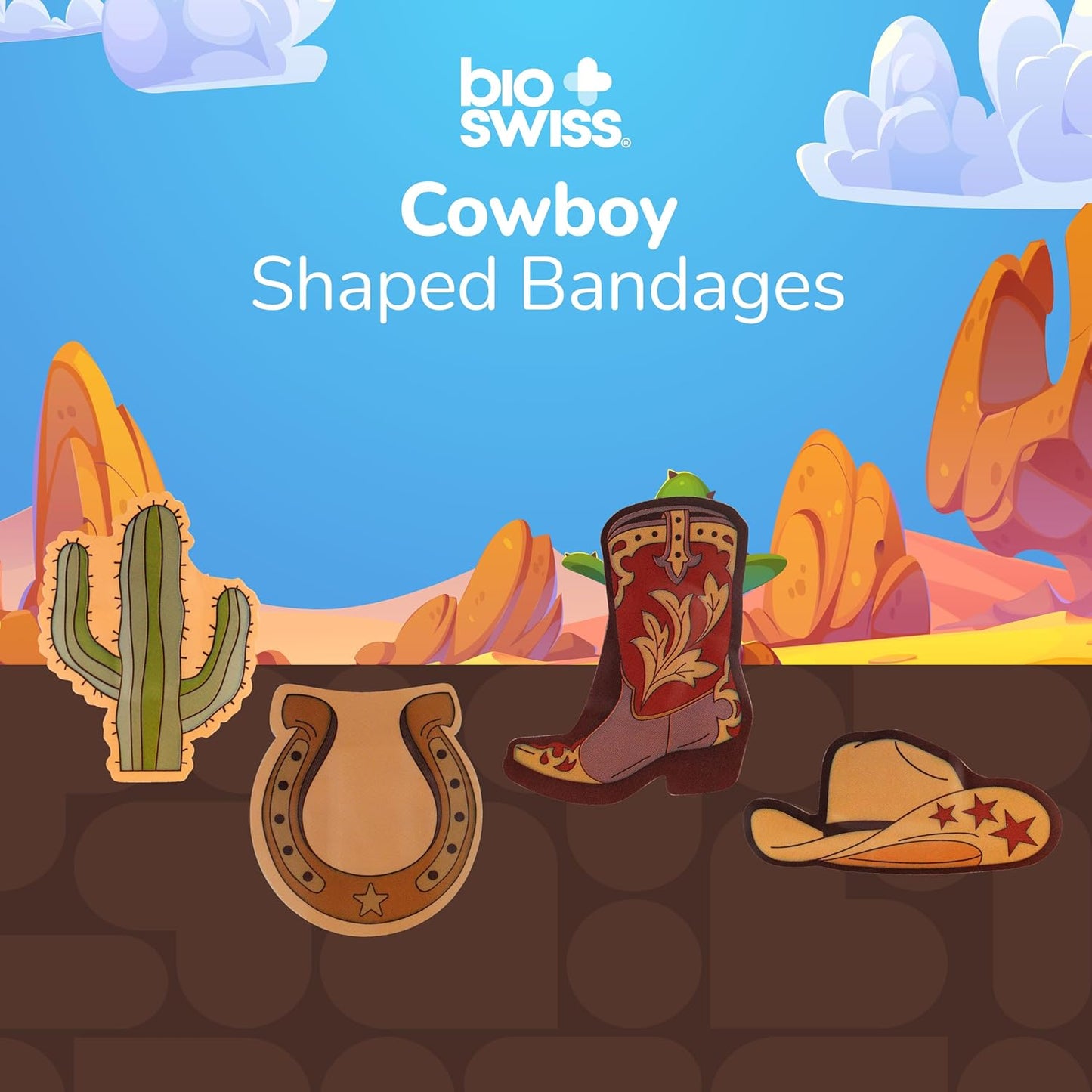 BioSwiss Bandages, Cowboy Shaped Self Adhesive Bandage, Latex Free Wound Care, Fun First Aid Kit Supplies for Kids and Adults, 50 Count
