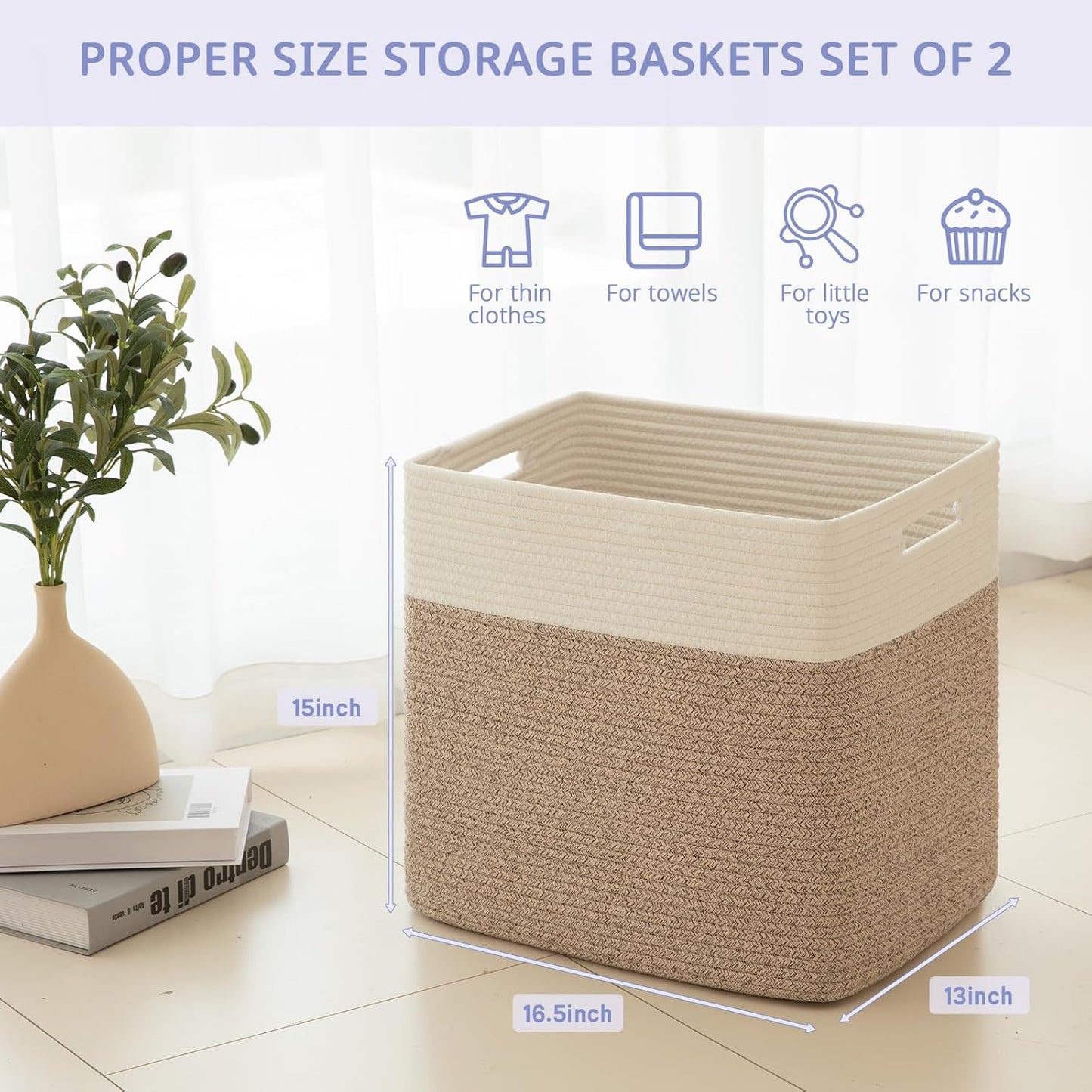 OIAHOMY Storage baskets for Shelf, Large Collapsible Storage Bins, Blanket Basket Living Room, 16.5 x 13 x 15 Inches-Pack of 2-Brown