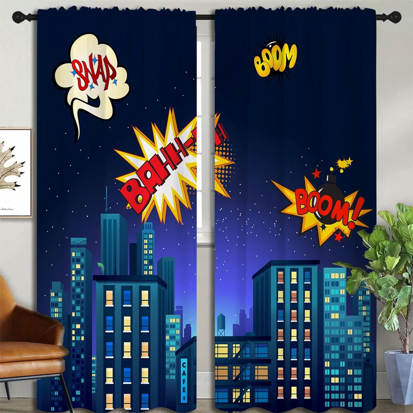 Superhero Rod Pocket Blackout Curtains for Boy Girl Bedroom, Cartoon Skyline Buildings Cityscape Home Energy Efficient Light Filtering Window Curtain for Living Room, 84x63 inch