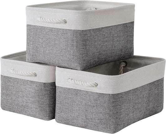 TheWarmHome Storage Bins for Shelves - 13.8L×9.8W×6.7H inch 3 Pack Medium Collapsible Storage Baskets for Organizing | Fabric Storage Cubes for Linen Closet Toy Home (White&Grey)