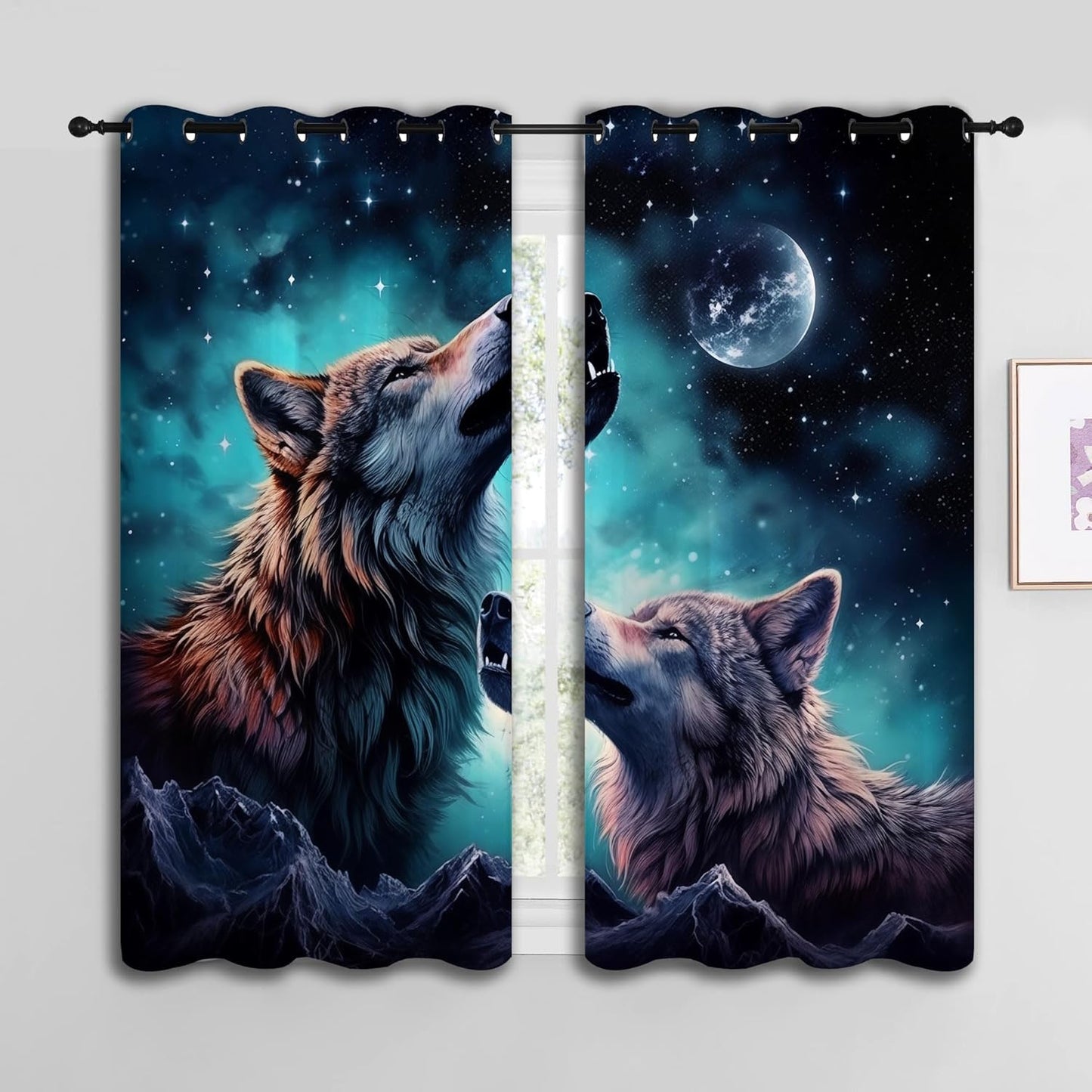 Wolf Blackout Curtains for Boys Girl Bedroom Decor,Starry Sky Howling Wolf Under The Full Moon Thermal Insulated Grommet Drapes Darkening Window Curtain for Living Room Home 42x63 inch