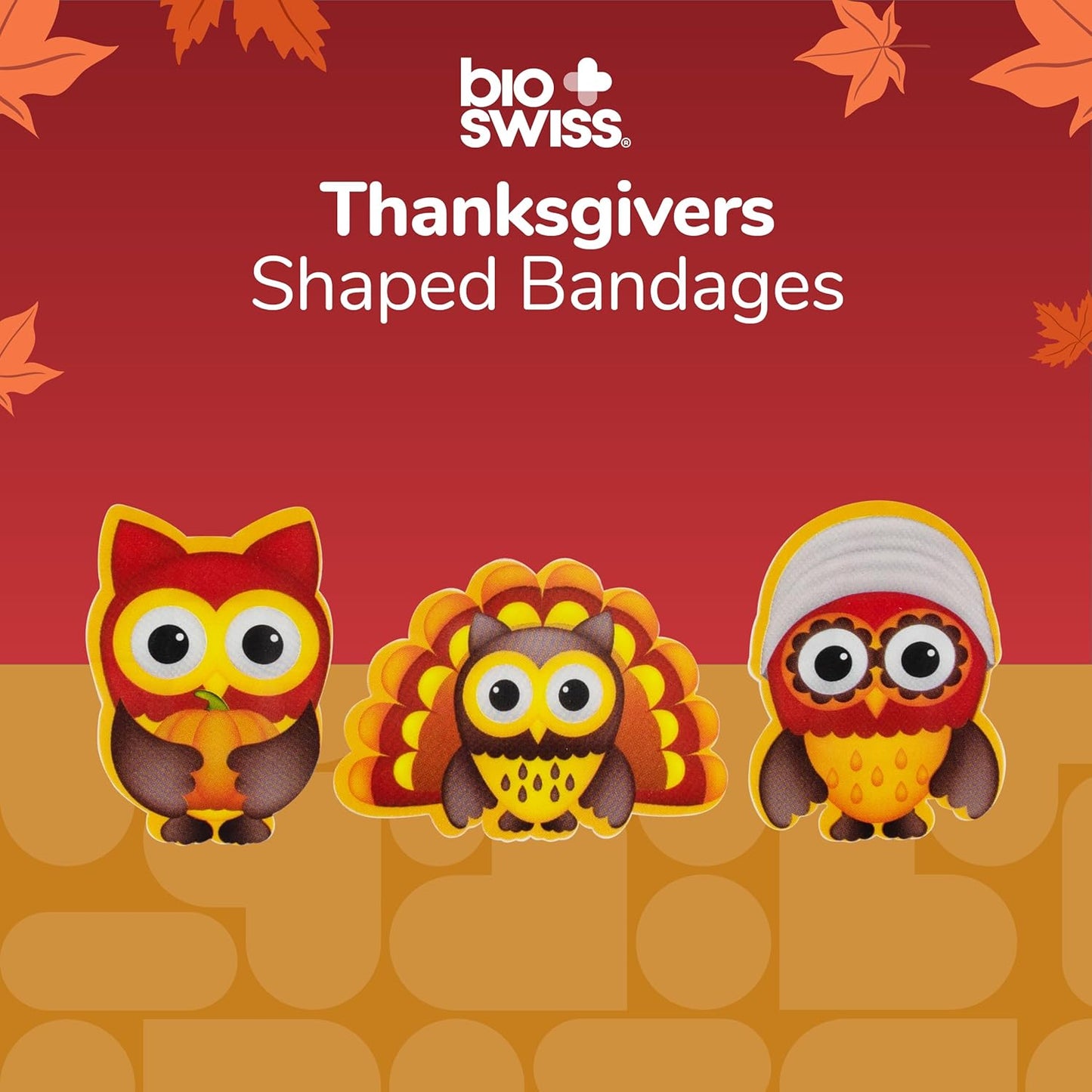 BioSwiss Bandages, Thanksgiving Shaped Self Adhesive Bandage, Latex Free Sterile Wound Care, Fun First Aid Kit Supplies for Kids and Adults, 24 Count
