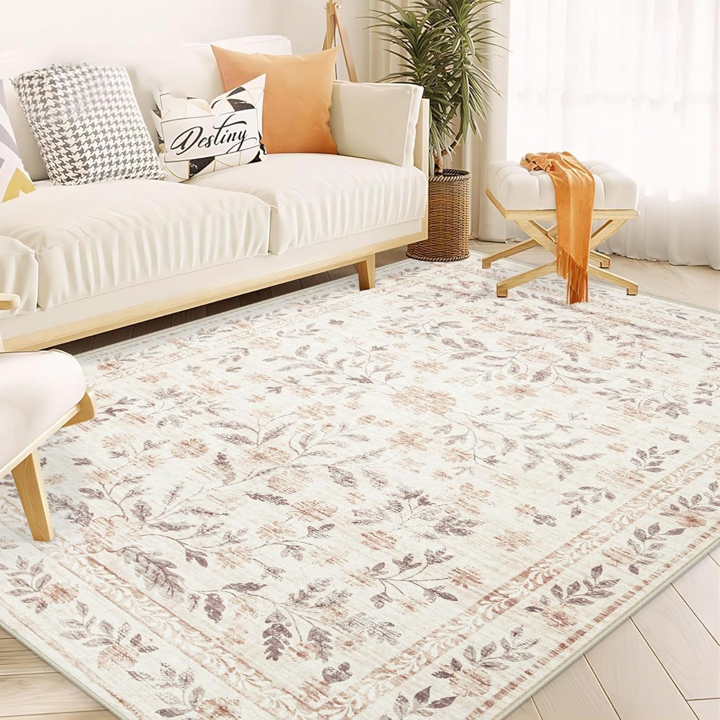 Rugs for Living Room 5x7 Rug, Washable Floral Boho Area Rug Non Slip Soft Low Pile Large Rugs for Bedroom Girls, Dining Room, Office, Kids Playroom(5'x7', Floral Beige)