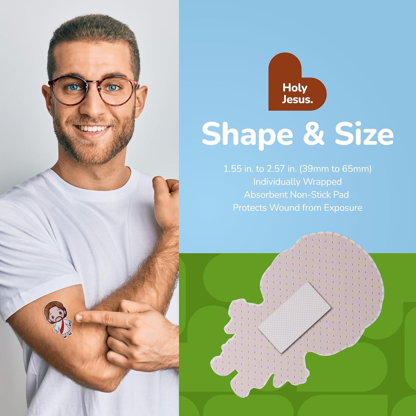 BioSwiss Bandages, Holy Jesus Shaped Self Adhesive Bandage, Latex Free Sterile Wound Care, Fun First Aid Kit Supplies for Kids and Adults, 24 Count