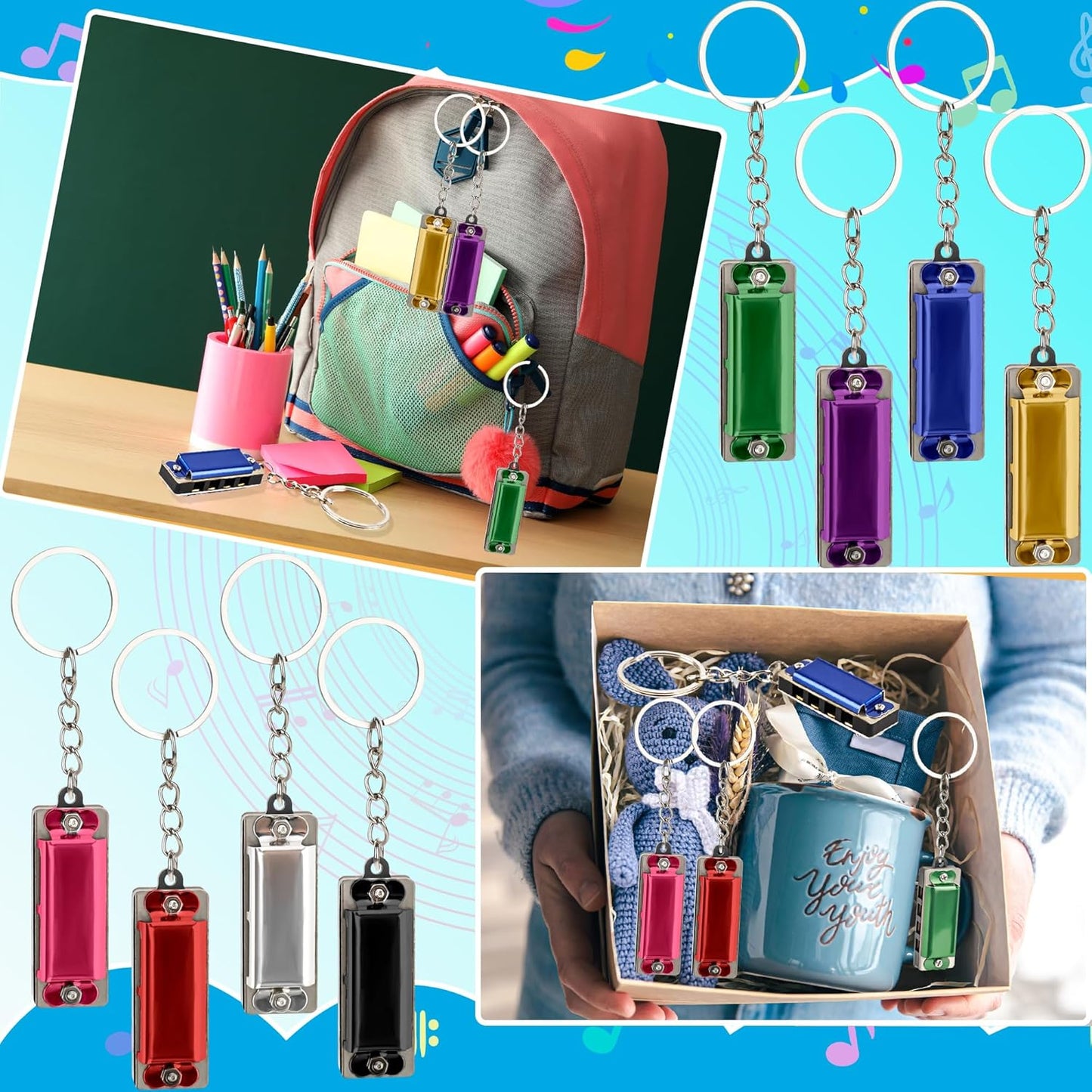 36-Piece Mini Harmonica Keychain for Kids, Portable Music Harmonica, 4 Holes, 8 Tunes, 8 Colors
