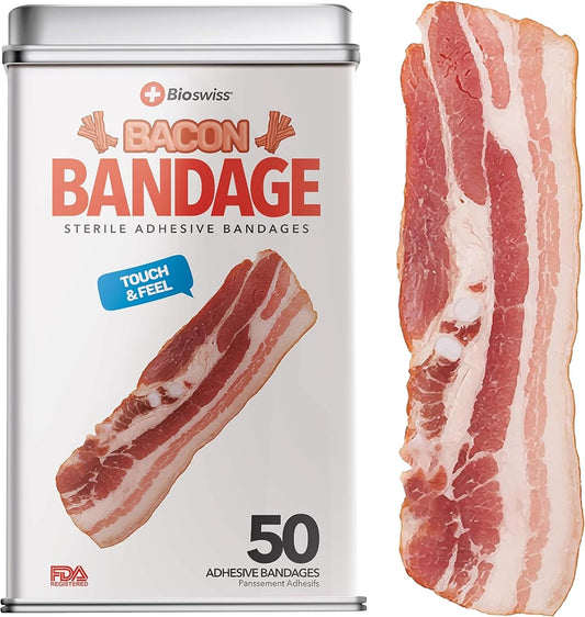 BioSwiss Bandages, Bacon Shaped Self Adhesive Bandage, Latex Free Sterile Wound Care, Fun First Aid Kit Supplies for Kids, 50 Count