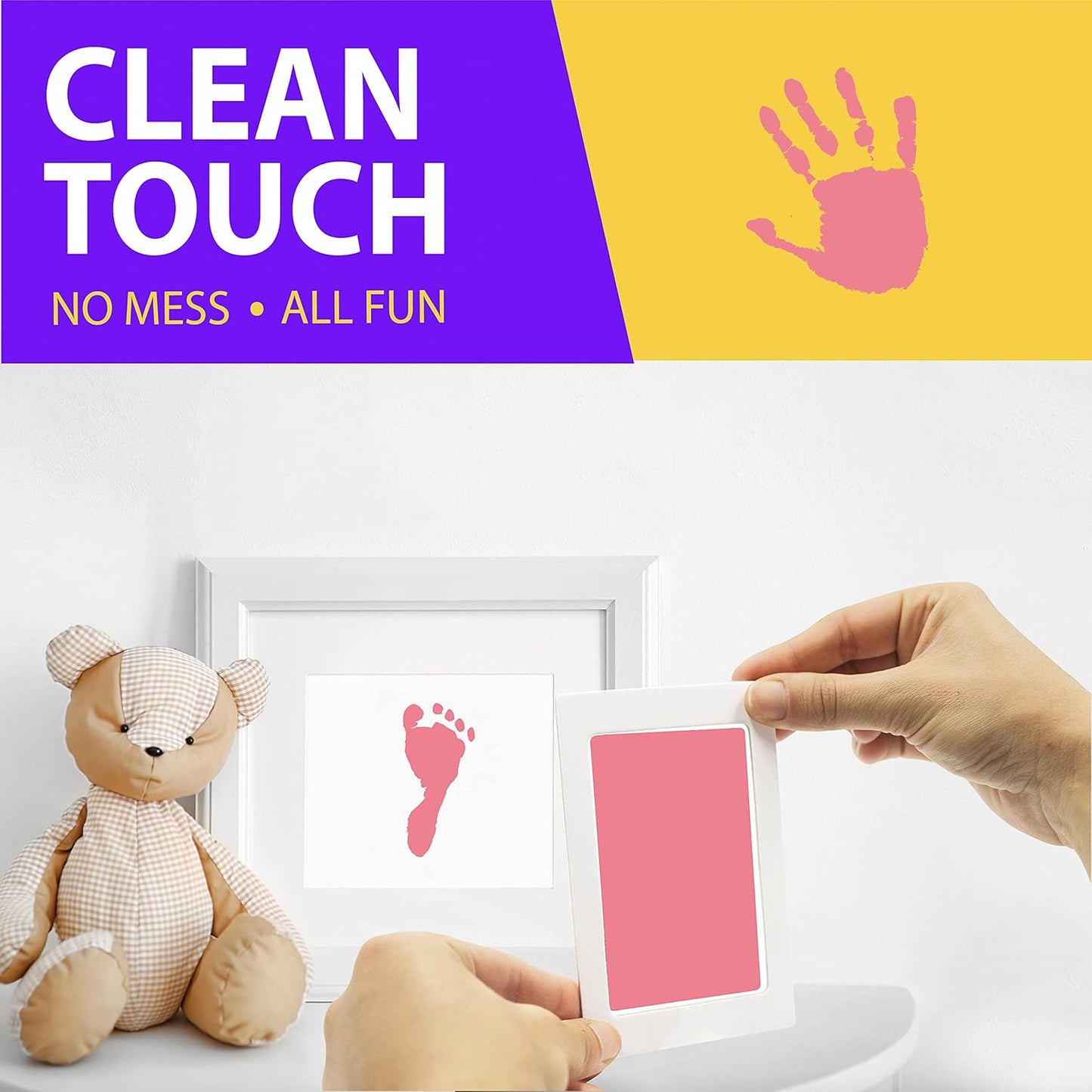 Large Clean Touch Ink Pad for Baby Handprints and Footprints – Inkless Infant Hand & Foot Stamp – Safe for Babies, Doesn’t Touch Skin – Perfect Family Memory or Gift, Pink Print Kit by Tiny Gifts