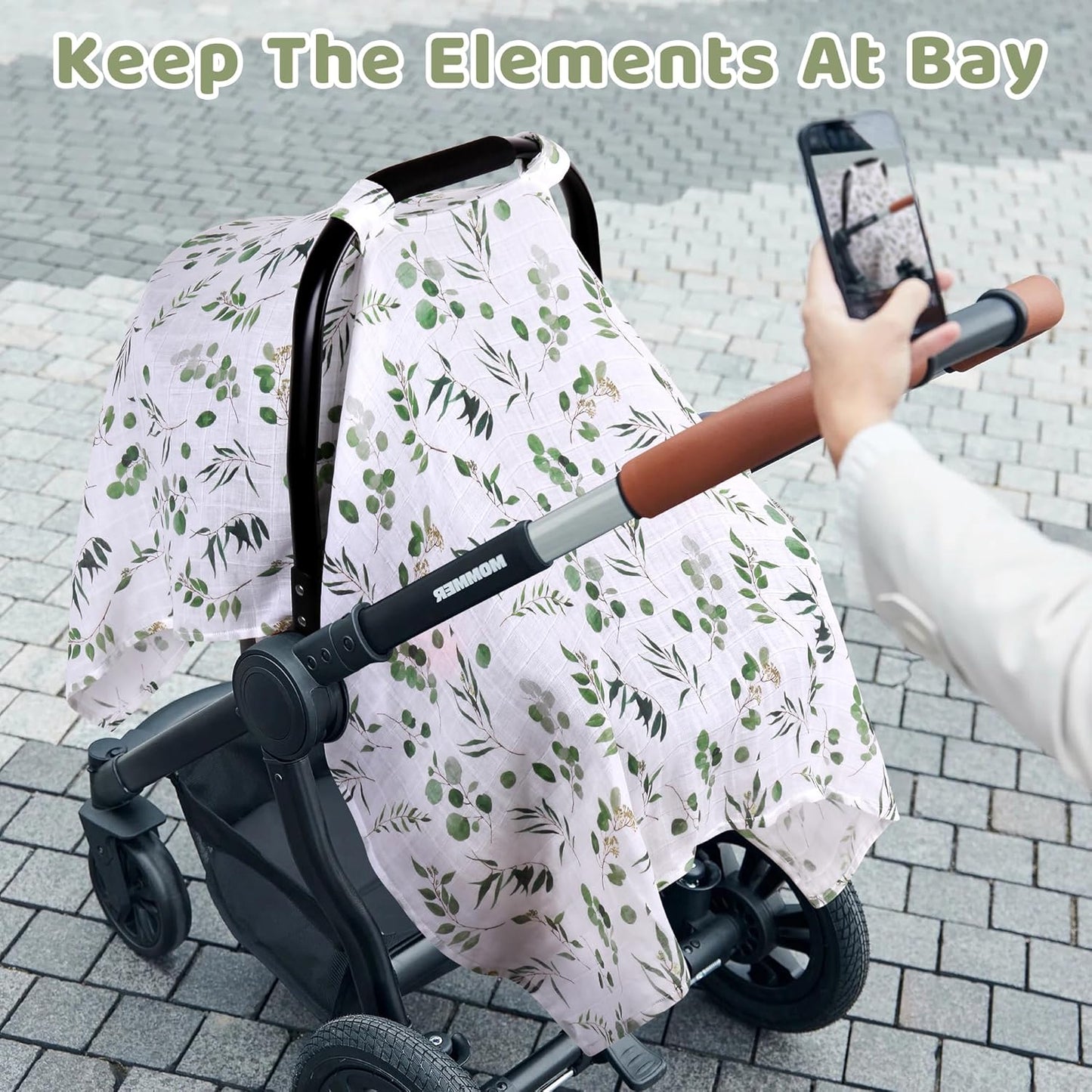 Rquite Car Seat Cover for Girl Boy, Muslin Cotton Infant Car Seat Canopy, Breathable Baby Carrier Cover, Summer Stroller Sun Shade, Leaf