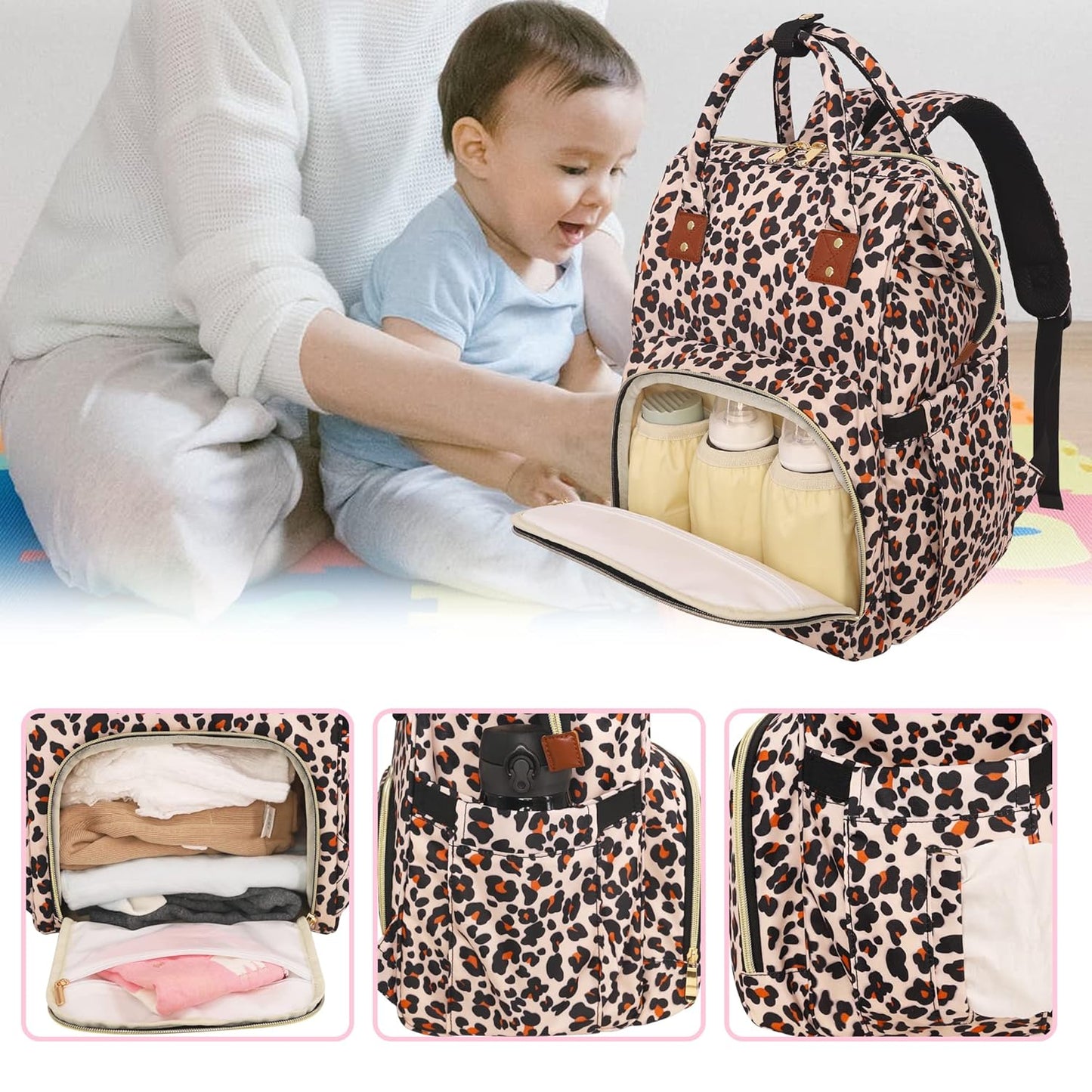 Diaper Bag Backpack Multifunction Maternity Diaper Bag for Baby Girls & Boys Large Capacity Travel Nappy Bags Leopard Print