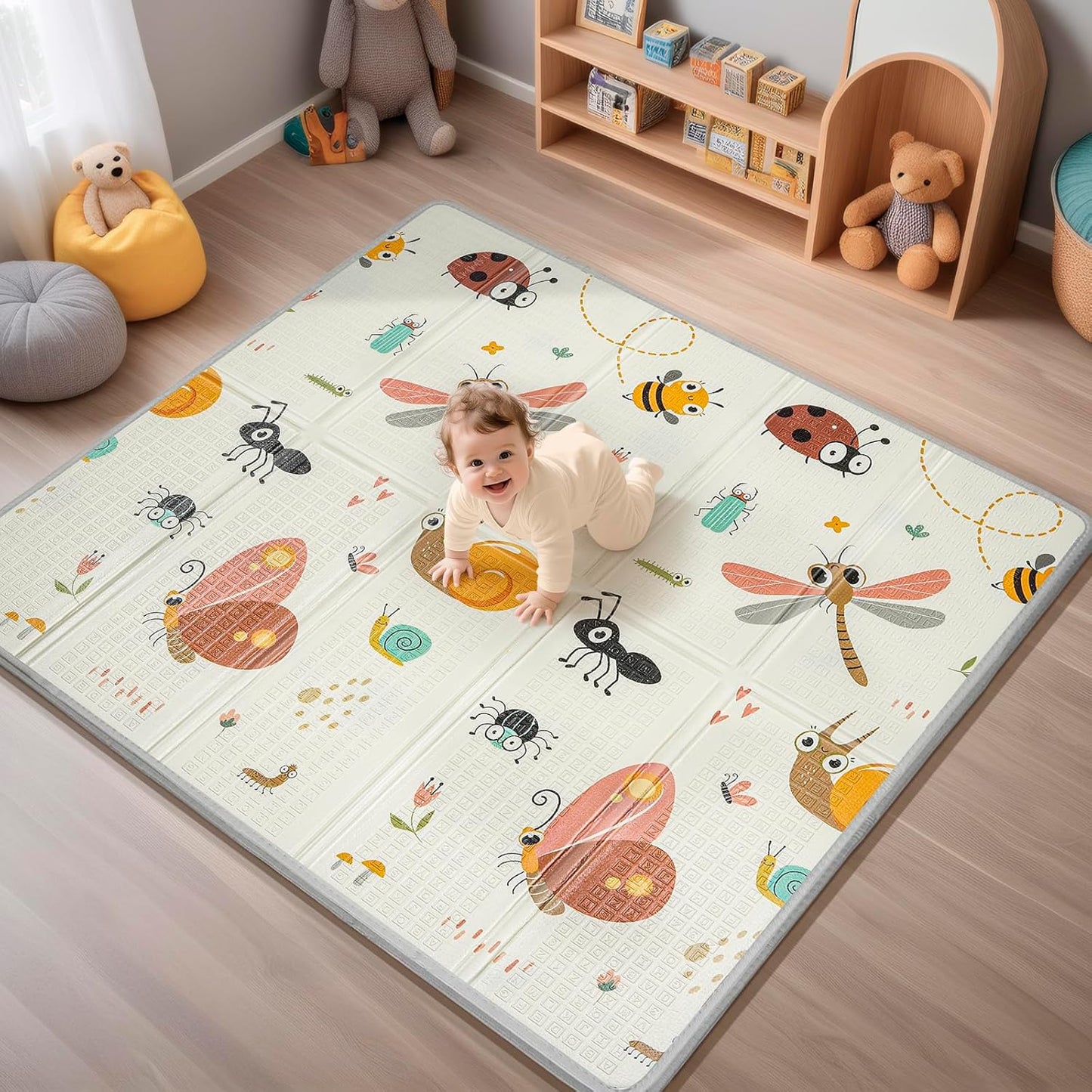 Foldable Baby Play Mat, PIGLOG Waterproof Playmats for Babies and Toddlers Kids, Safe Foam Playmat for Tummy Time, 50x50 Playpen Mat, Reversible Portable Baby Floor Mat for Infant, Toddler, Dragonfly