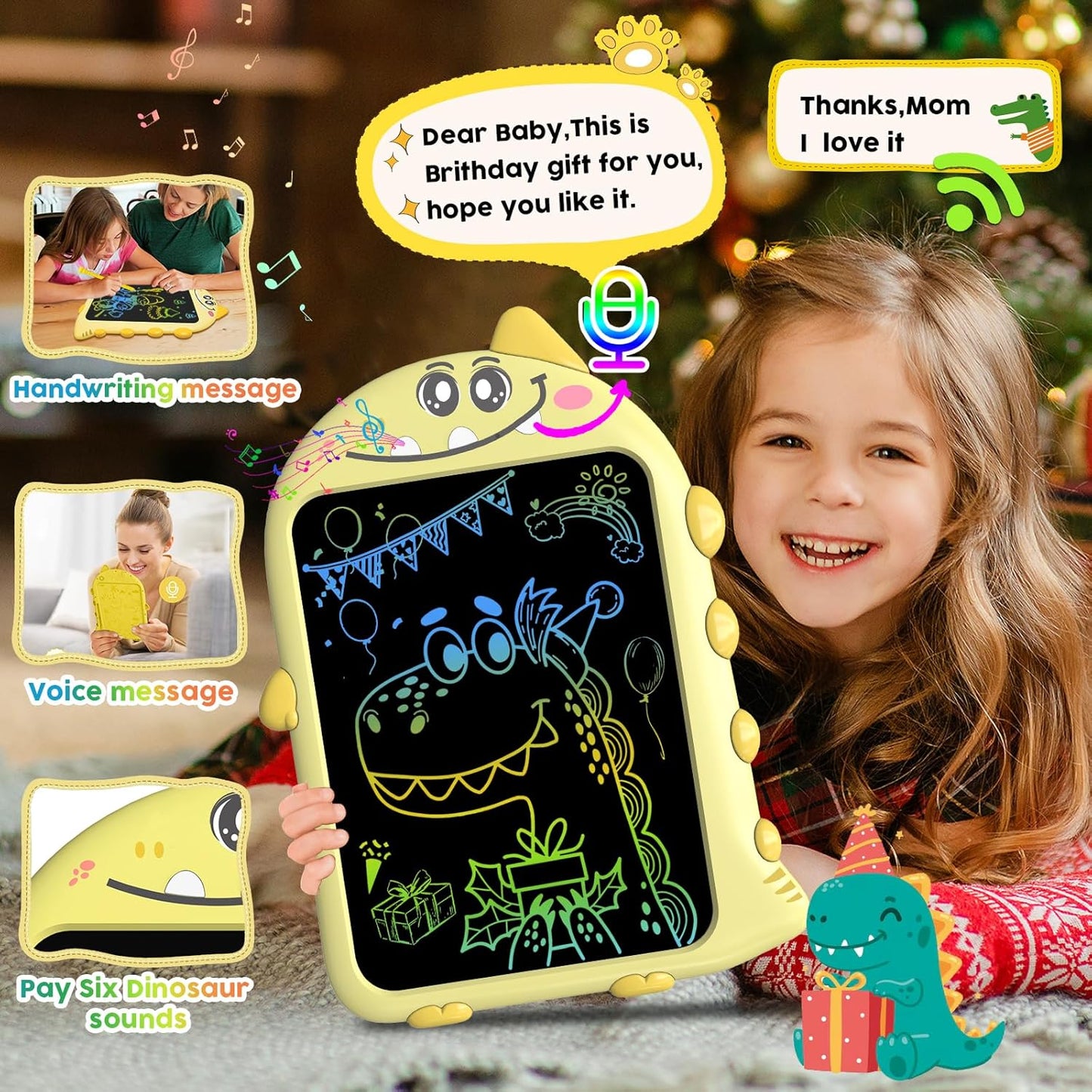 10inch LCD Writing Tablet with Record, Dino Sounds, Type-C Rechargeable,Doodle Board Toddler Learning Toys for 2-6 Kids Christmas Birthday Gift for Quiet Play in Hotel, Airplanes...