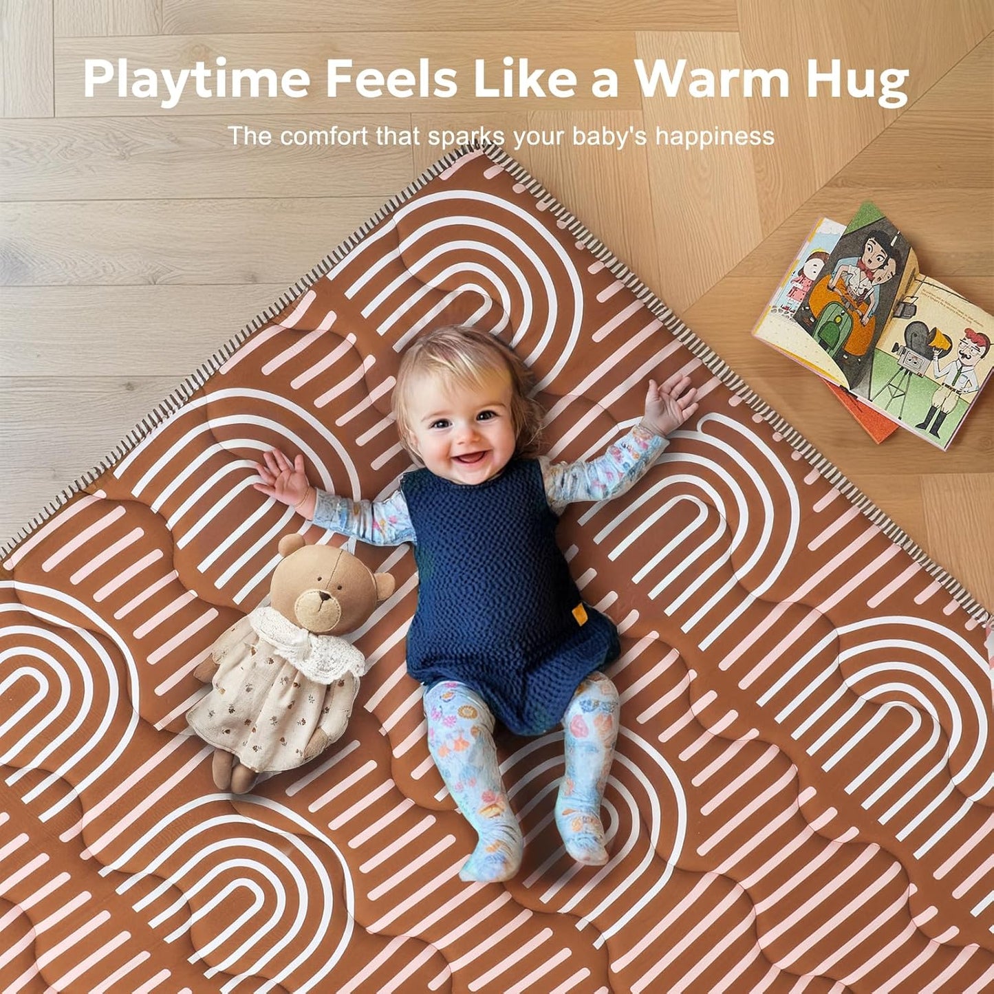 Soft Thicker Baby Mat for Floor 50"x50", Non-Slip Baby Play Mat, Easy to Clean 50x50 Playpen Mat, Portable Playmat, Crawling Mat for Infants, Babies, Toddlers, Activity Mat, Rainbow, Brown
