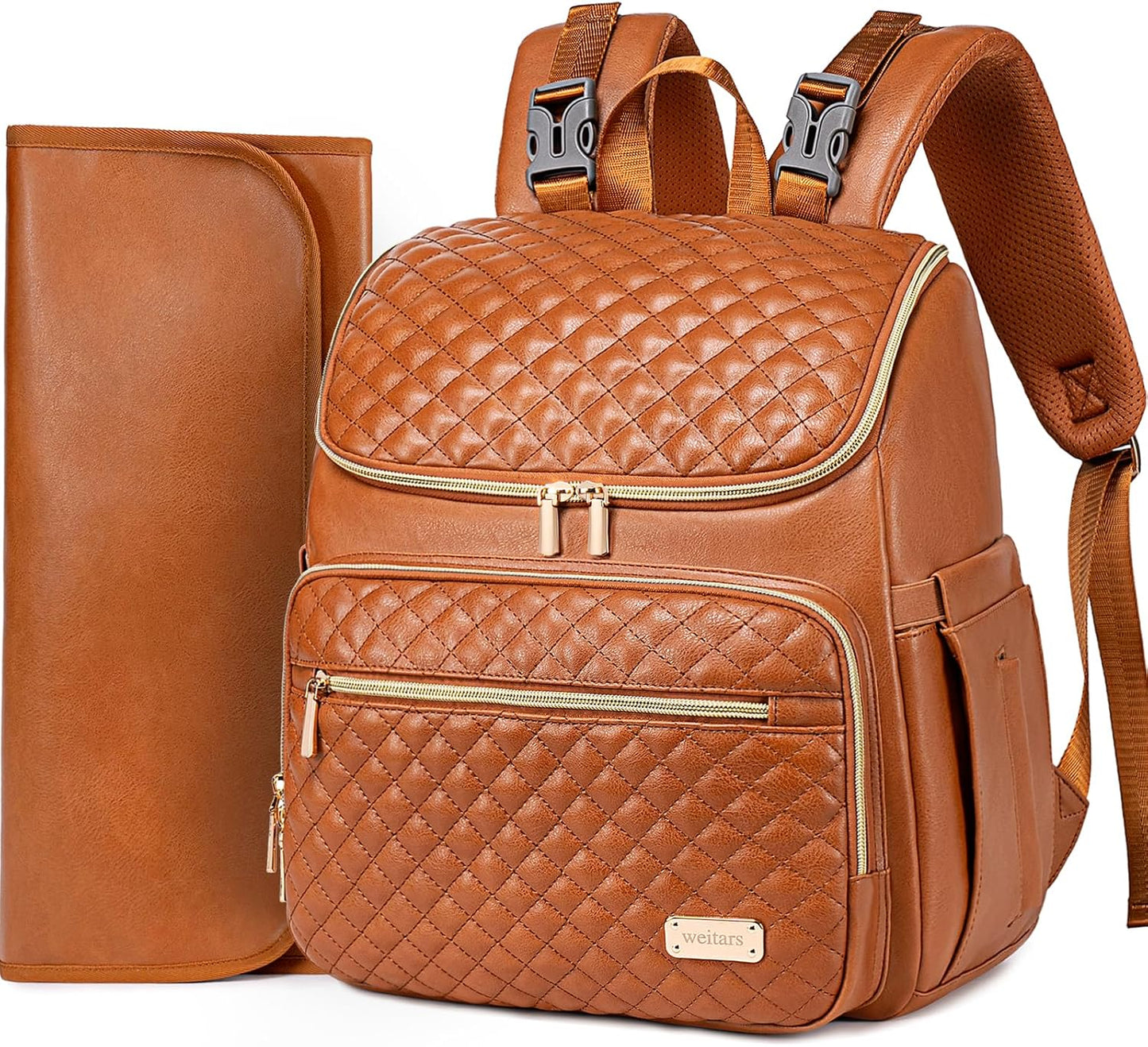 Weitars Diaper Bag Backpack Leather Baby Diaper Bag with Changing Pad Travel Diaper Backpack,Baby Bag for Mom,Stroller Straps,5 Insulated Pockets (Brown Leather)