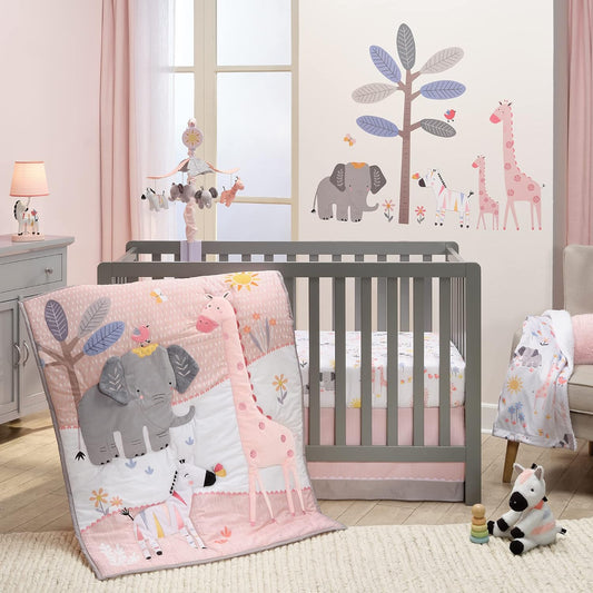 Lambs & Ivy Jazzy Jungle 3-Piece Safari Animals Pink Baby Crib Bedding Set