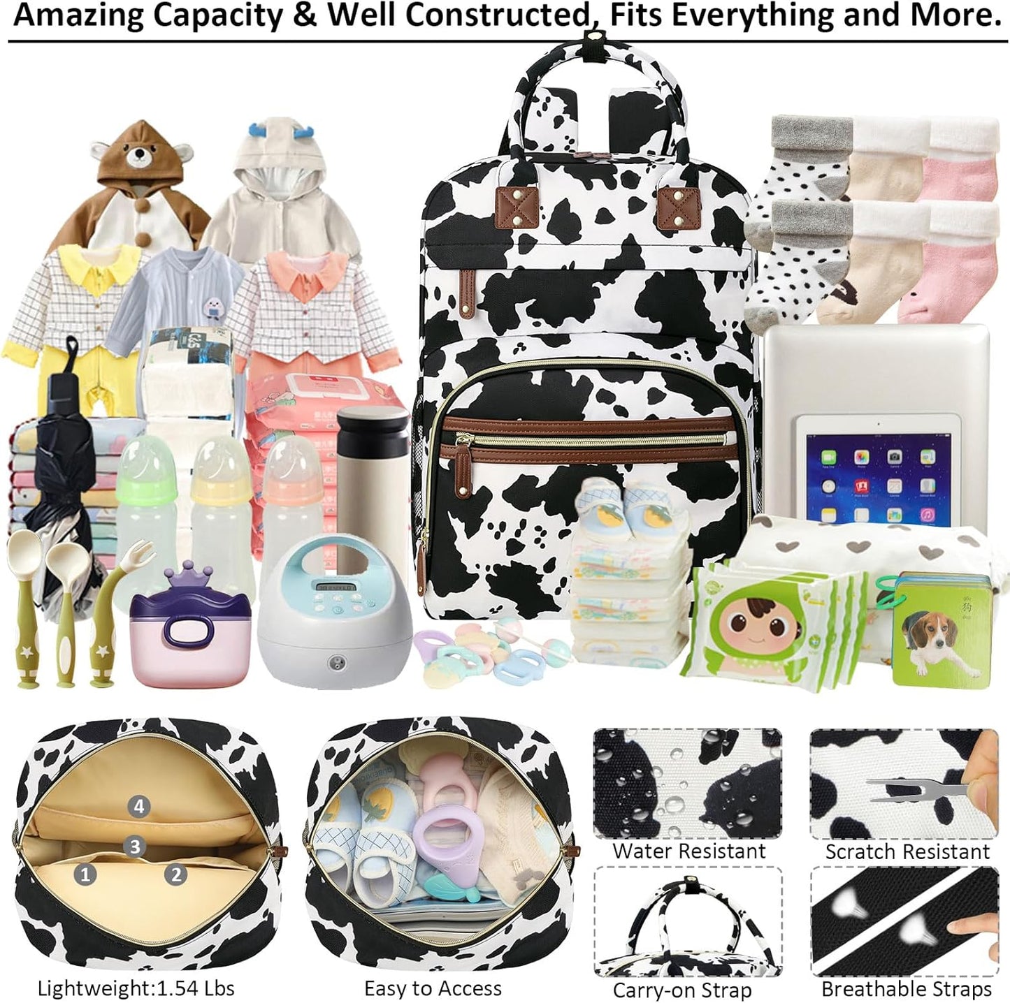 Large Capacity Baby Diaper Bag Backpack with Insulated Pockets, Waterproof, Stylish Cow Print Design, Suitable for Boys and Girls