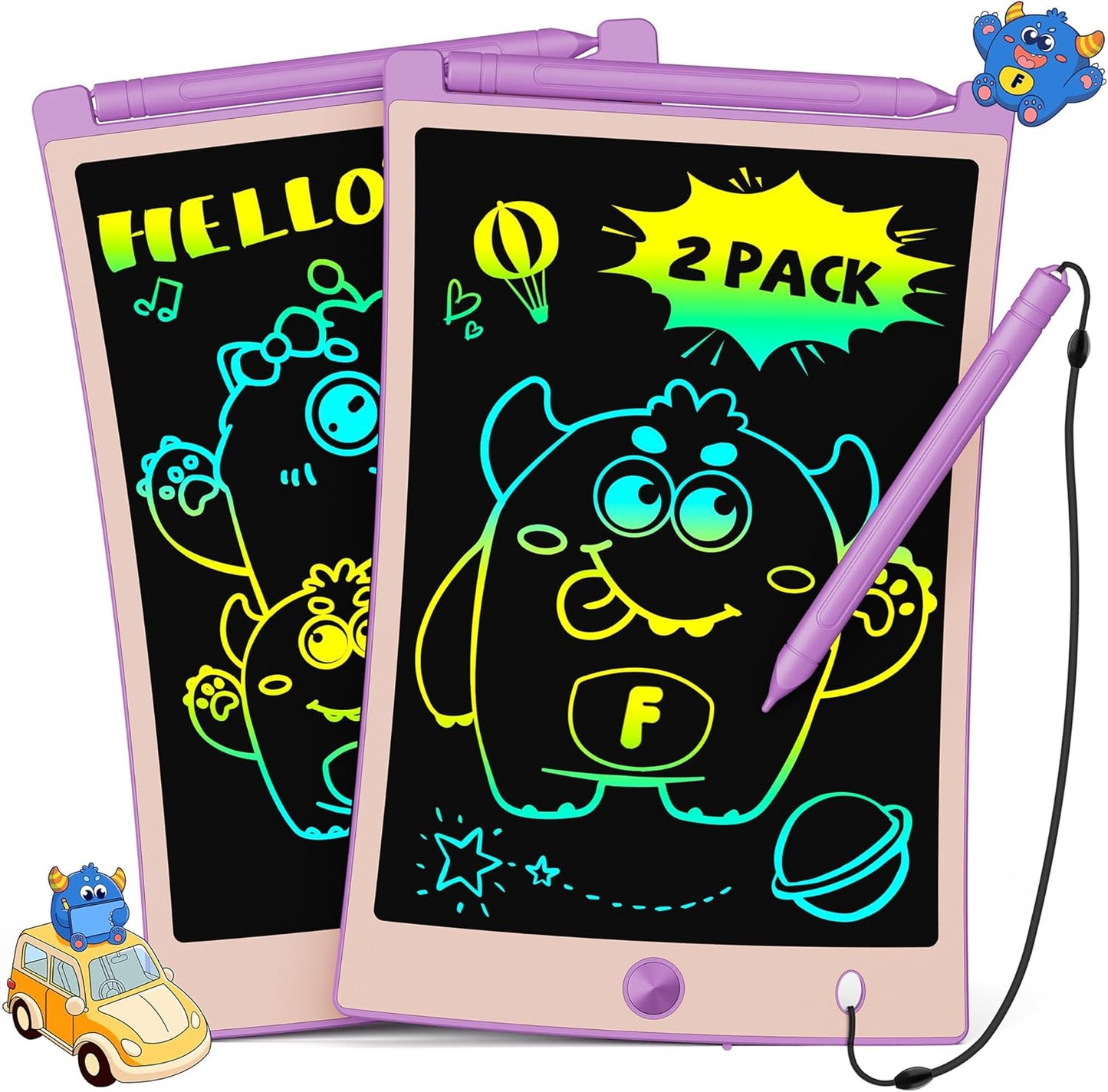 TEKFUN 2 Pack LCD Writing Tablet with Pen Cord, 8.5in Erasable Doodle Board Mess Free Drawing Pad for Kids, Car Trip Educational Toys Birthday for 3 4 5 6 7 Girls Boys (2*Purple)