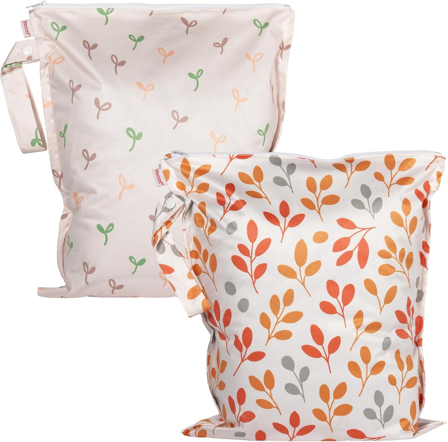 HECCEI Wet Dry Bag, 2-Pack Reusable Waterproof Wet Bagsfor Swimsuits & Baby Clothes, Leakproof Cloth Diaper Wet Bags for Travel & Diaper Changes (Leafy Canopy)