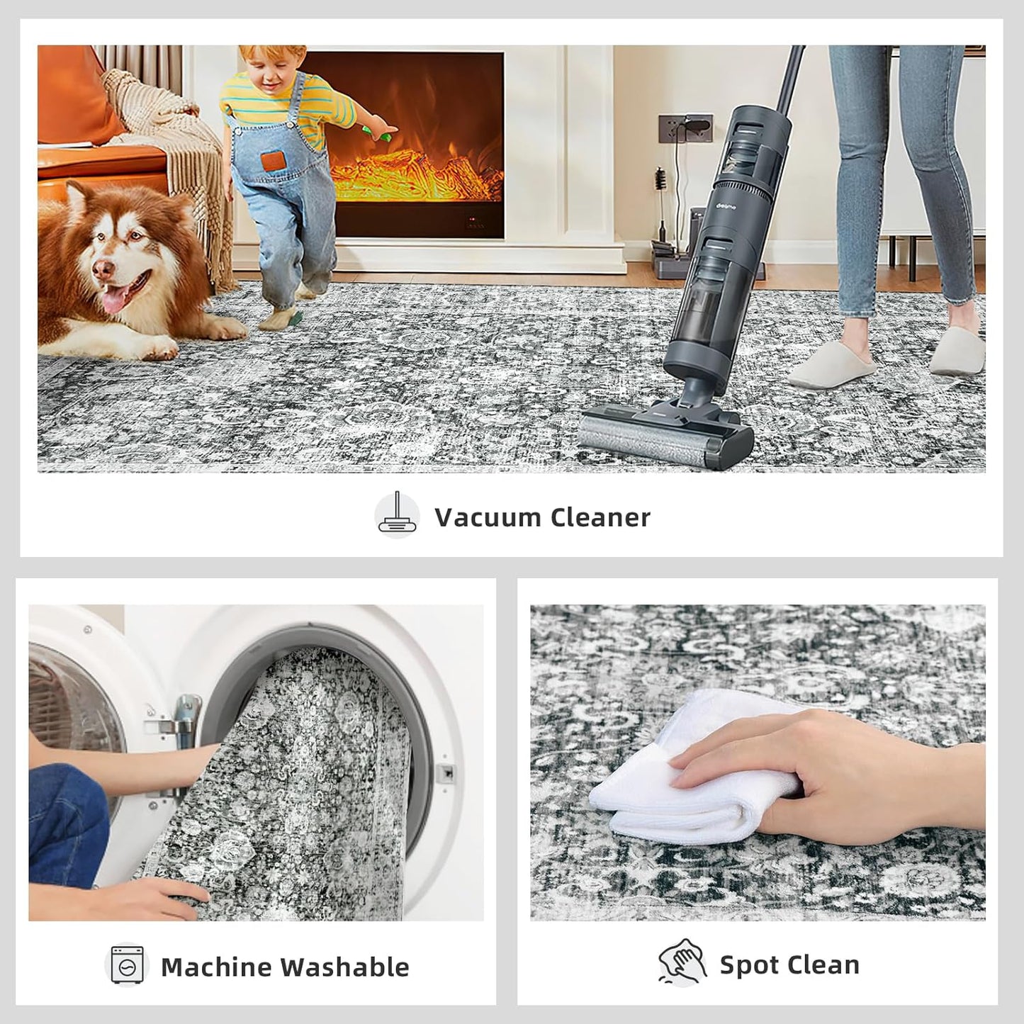 Grey 5x8 Area Rugs for Living Room Machine Washable Rugs Boho 5x8 Rug for Living Room Carpet Non-Slip Family & Pet Friendly Area Rugs Print Floor Rug(Vintage 5x8ft)