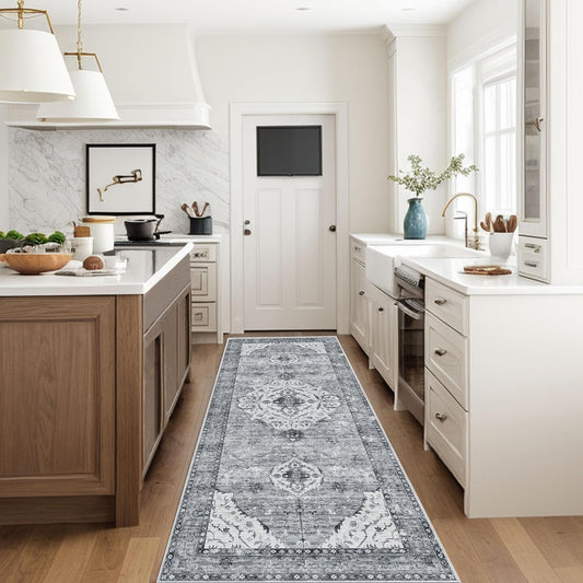 Boho Kitchen Runner Rug 3x8 Washable Runner Rug with Non-Shedding, Vintage Rugs Runners for Hallways Carpet Runner Grey/Navy