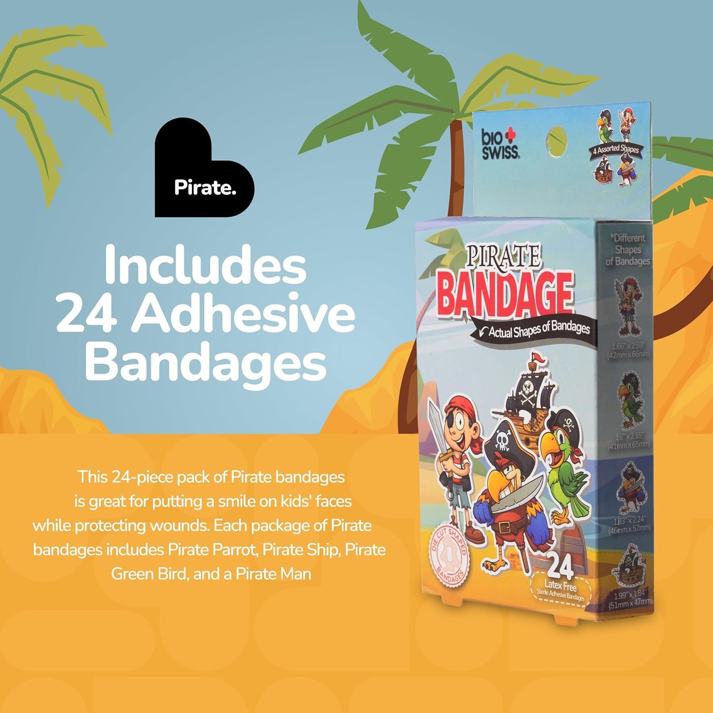 BioSwiss Bandages, Pirate Shaped Self Adhesive Bandage, Latex Free Sterile Wound Care, Fun First Aid Kit Supplies for Kids and Adults, 24 Count