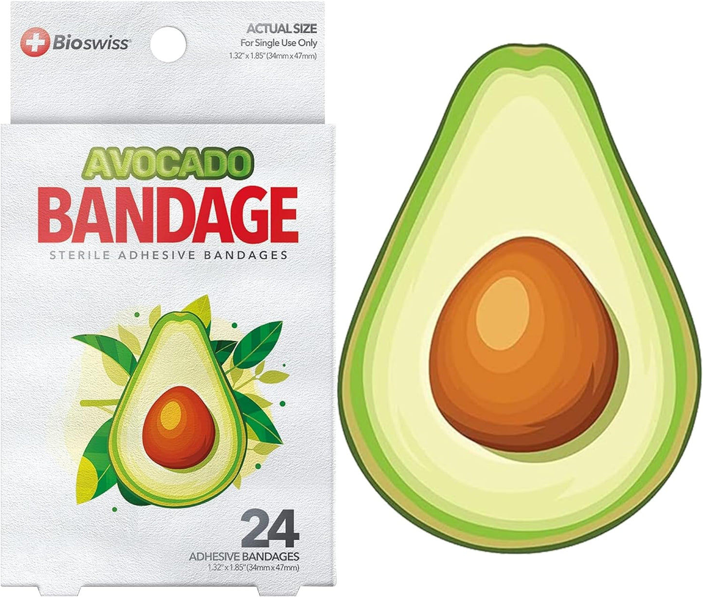 BioSwiss Bandages, Avocado Shaped Self Adhesive Bandage, Latex Free Sterile Wound Care, Fun First Aid Kit Supplies for Kids, 24 Count
