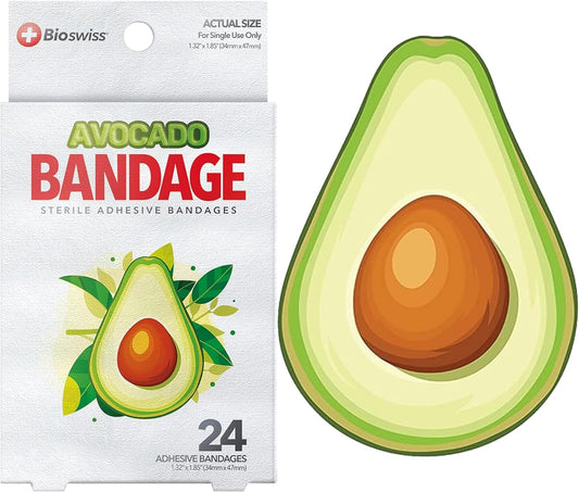 BioSwiss Bandages, Avocado Shaped Self Adhesive Bandage, Latex Free Sterile Wound Care, Fun First Aid Kit Supplies for Kids, 24 Count