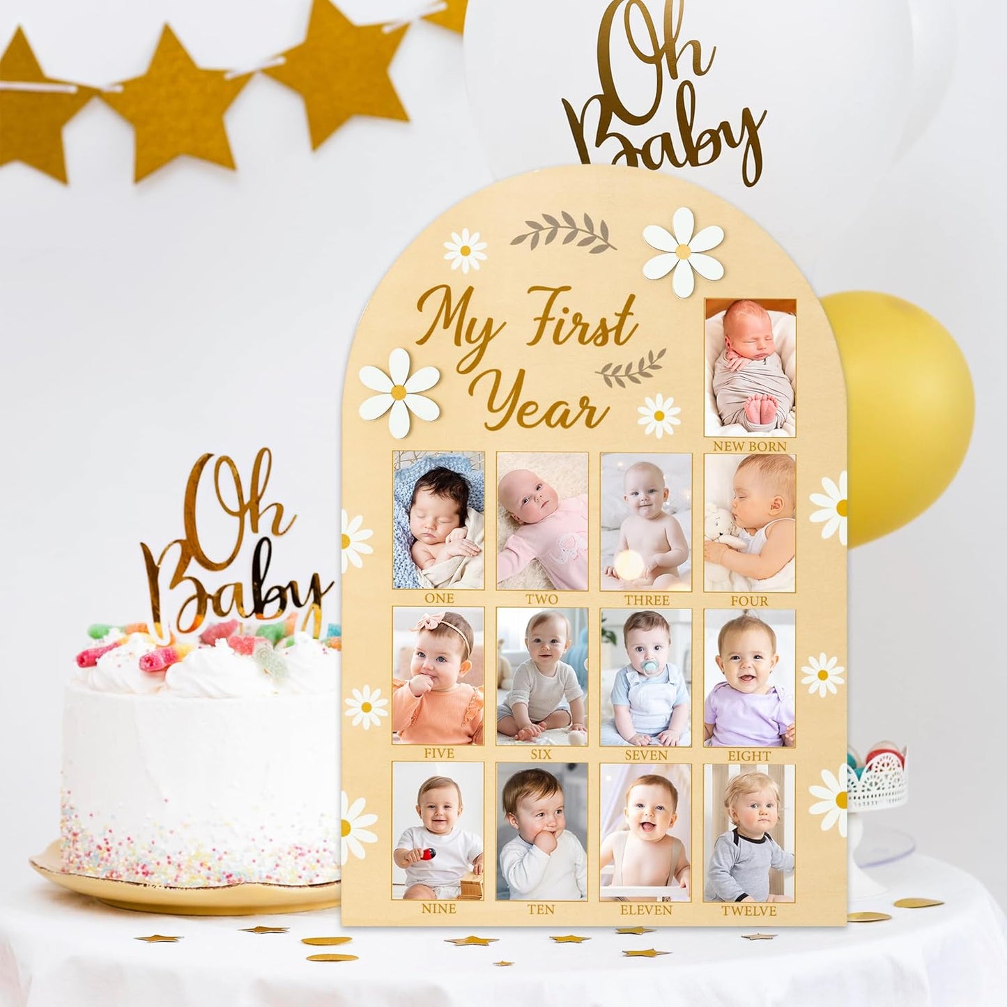 R HORSE My First Year Photo Display Wood Board, 3D Daisy Baby's First Year Picture Frame 12 Months Milestone Board Neutral Baby Keepsake Birthday Nursery Decor Gift for Boy Girl