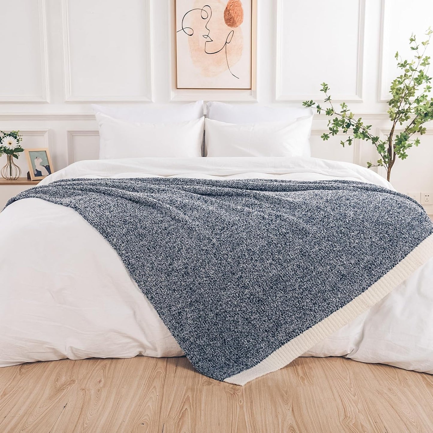 NEXHOME PRO Twin Size Soft Throw Blankets for Couch, Cozy Blankets Reversible Warm Knit Blanket for Women, Fuzzy Plush Lightweight Throws for Sofa, Bed, Picnic, Navy 60 x 80 inches