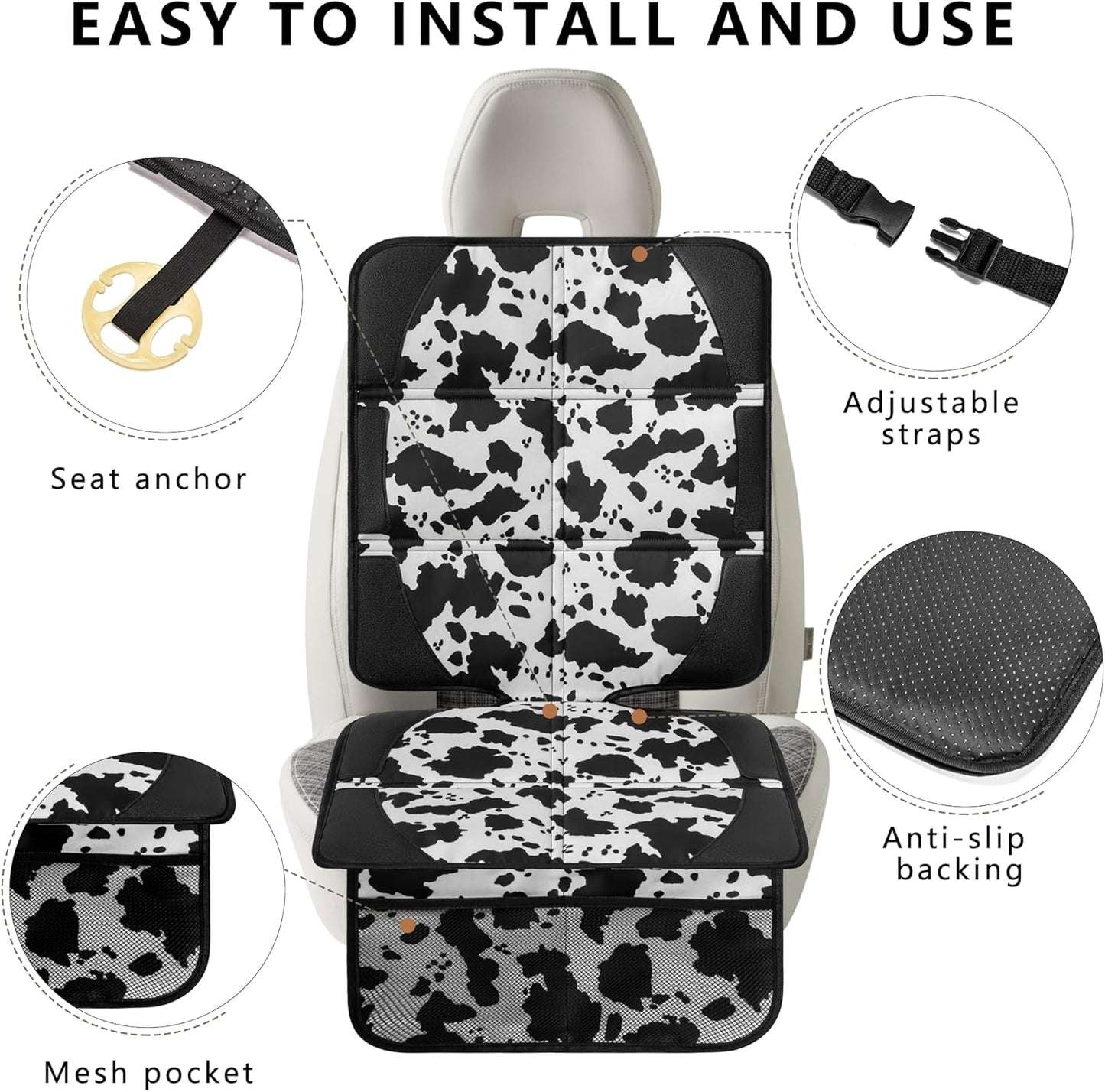 Car Seat Protector for Child Car Seat, 2 Pack Baby Car Seat Covers with Mesh Pockets & Non-Slip Backing 600D Durable Seat Protector Under Baby Car Seat for Car Back Seat (Cow Print, Large)