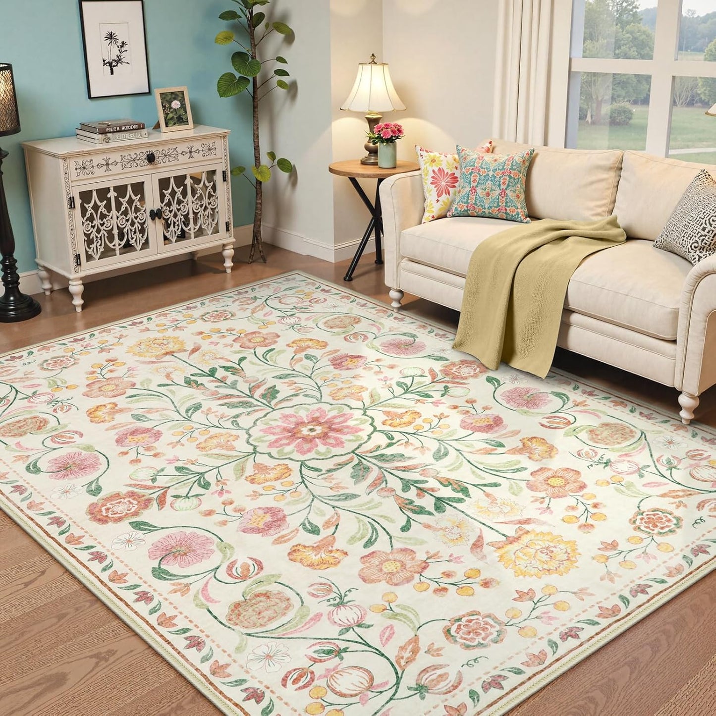 Anidaroel Boho Beige Rugs for Living Room 8x10, Machine Washable Soft Large Bedroom Rug, Non Slip Vintage Floral Area Rug, Low Pile Dining Room Mat Accent Floor Carpet for Farmhouse