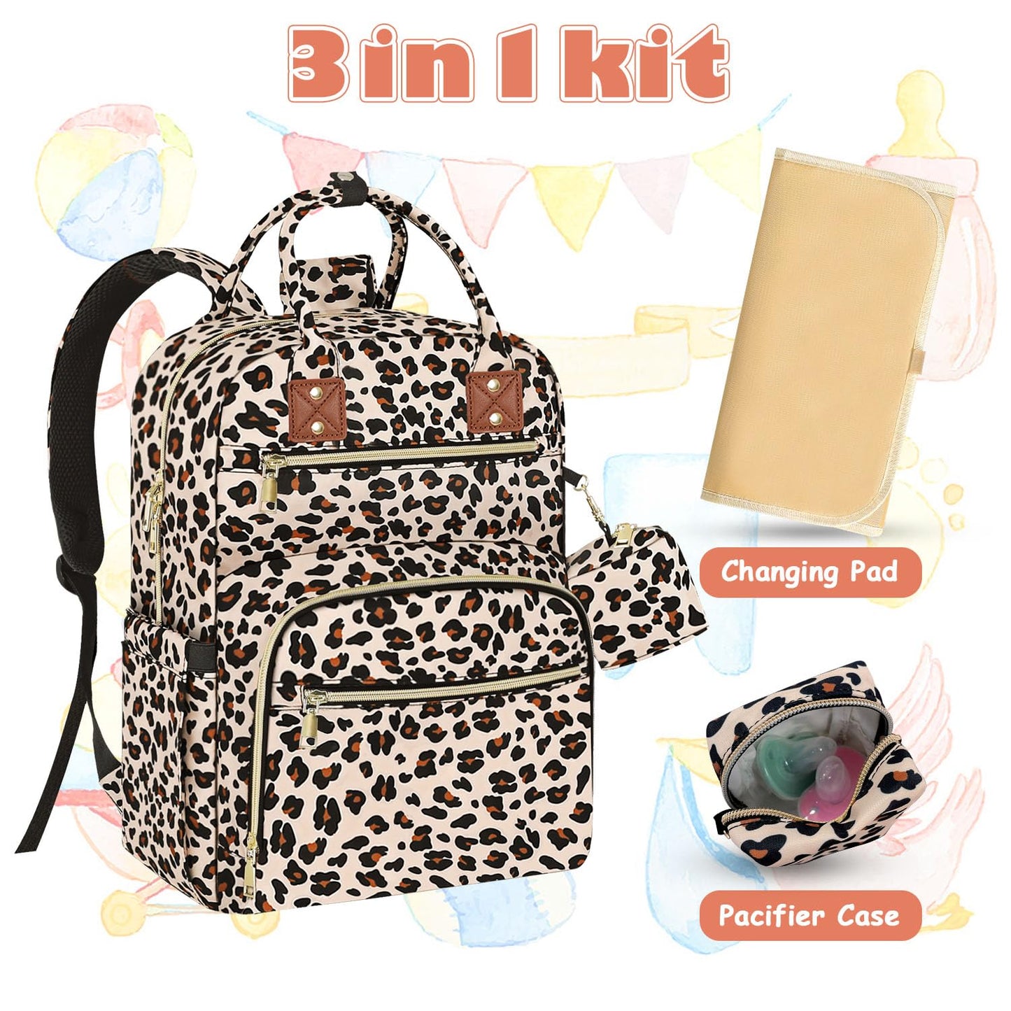 Baby Diaper Bag Backpack Travel Diaper Bags for Baby Girl Boy Large Capacity Baby Bag Backpack for Women Leopard Print