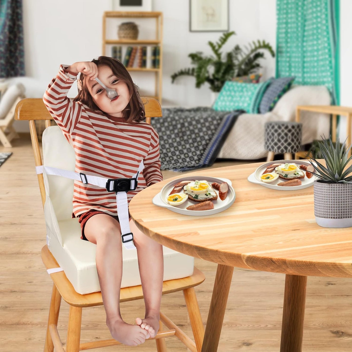 Toddler Booster Seat for Dining Table, Booster Seat for Table, 12.6x3.34 Inch Portable High Chair for Travel, HOSEASCA Compact Lightweight Travel Booster Seat with Adjustable Straps for Baby(Beige)