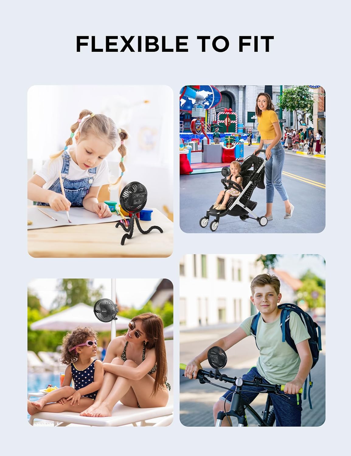 AMACOOL Baby Stroller Fan, 10000mAh Rechargeable, 50H Ultra-long Runtime, 3-Speed Portable Clip on Fan with LED Light, Timer, 360°Rotate Battery Operated Fans for Travel Car Seat Crib
